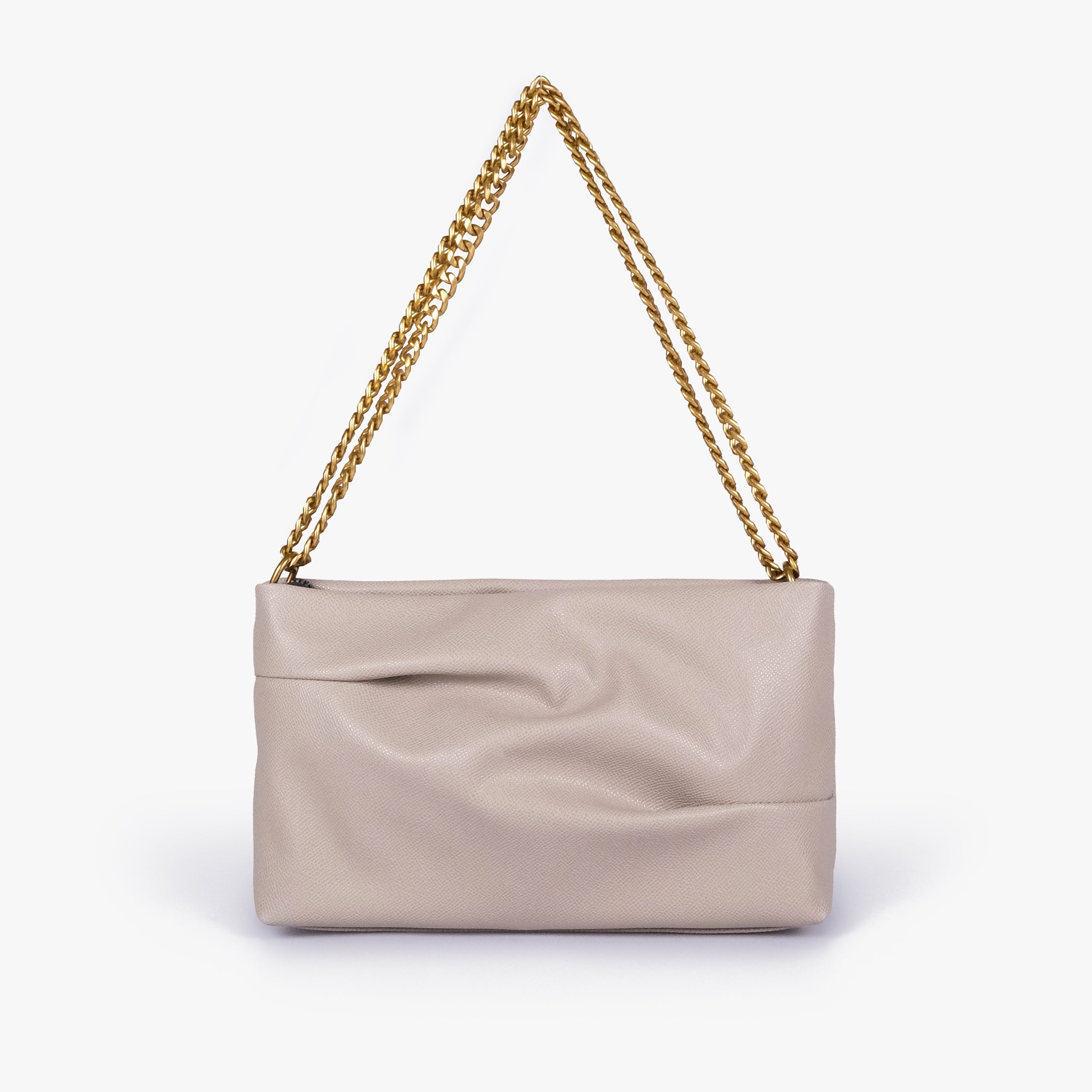 Taupe pleated clutch bag with chain — straight-on front view showing the sculpted pleats, top edge and gold-tone chain shoulder carry, pale gray-beige taupe