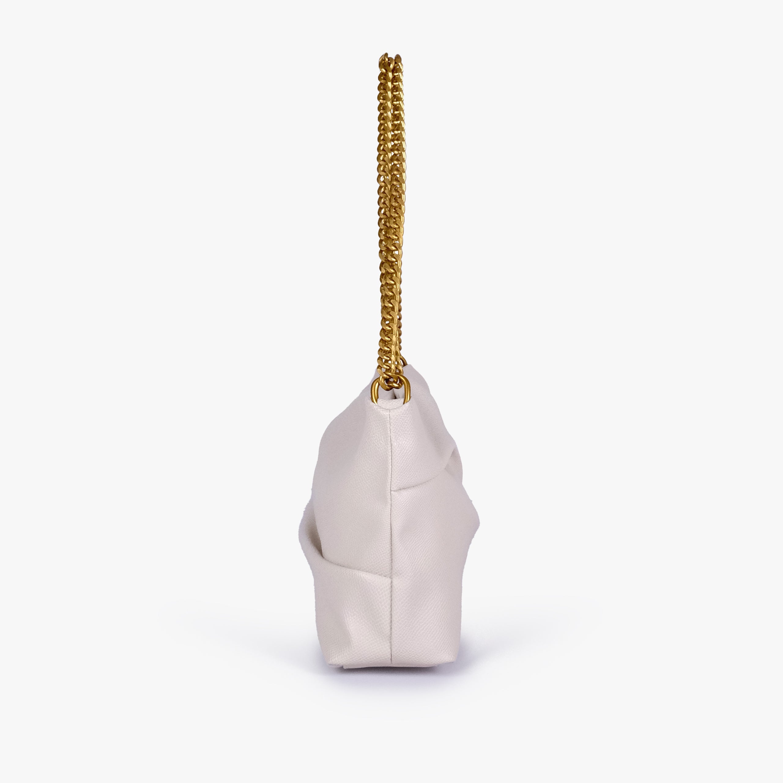 Cream pleated clutch bag with chain — side profile showing the narrow gusset, chain attachment and folded panel construction, soft ivory cream