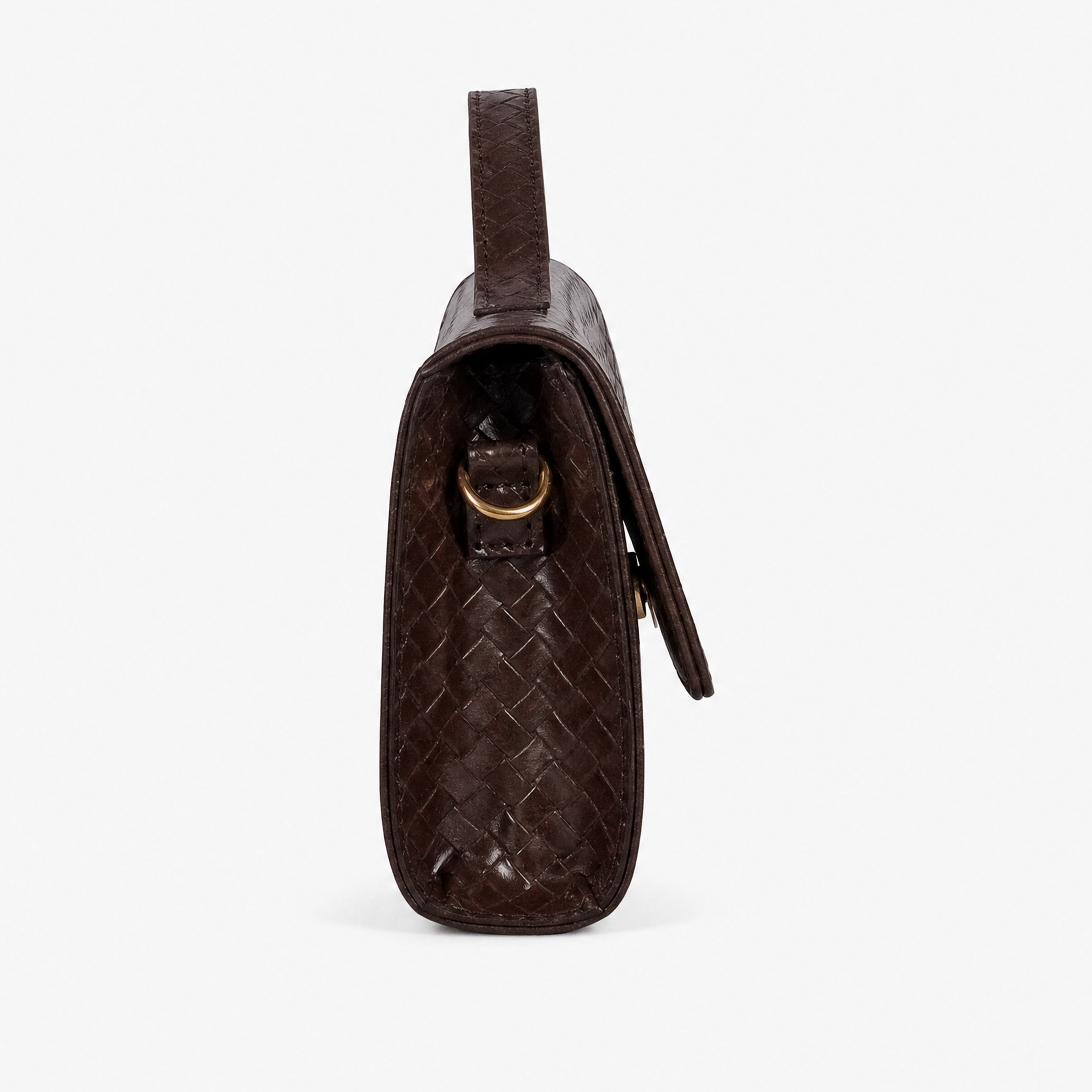 Deep chocolate woven weave clutch — side profile showing gold D-ring attachment, gusset depth, and top handle base