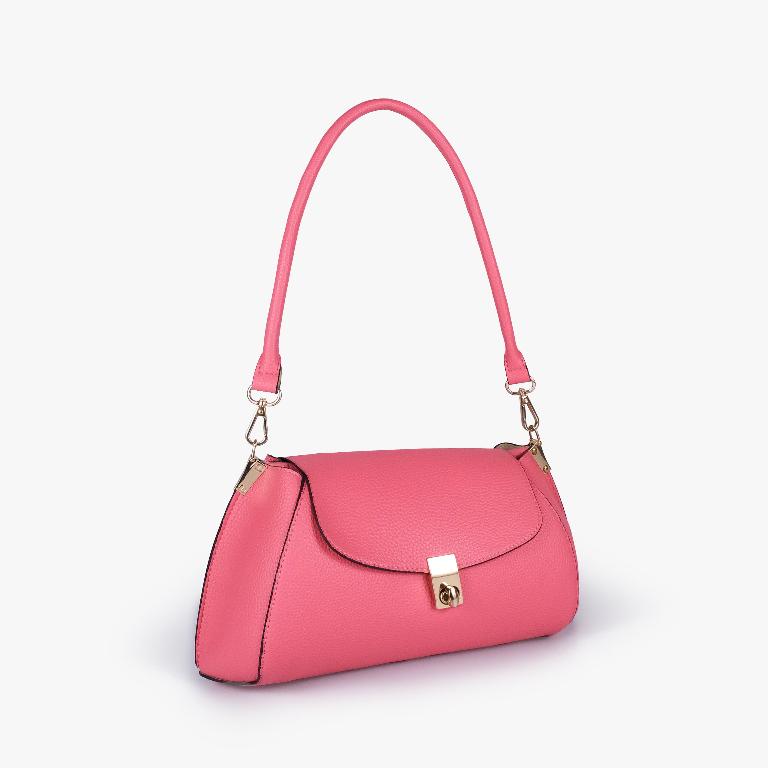 Raspberry pink pebble baguette bag in three-quarter view
