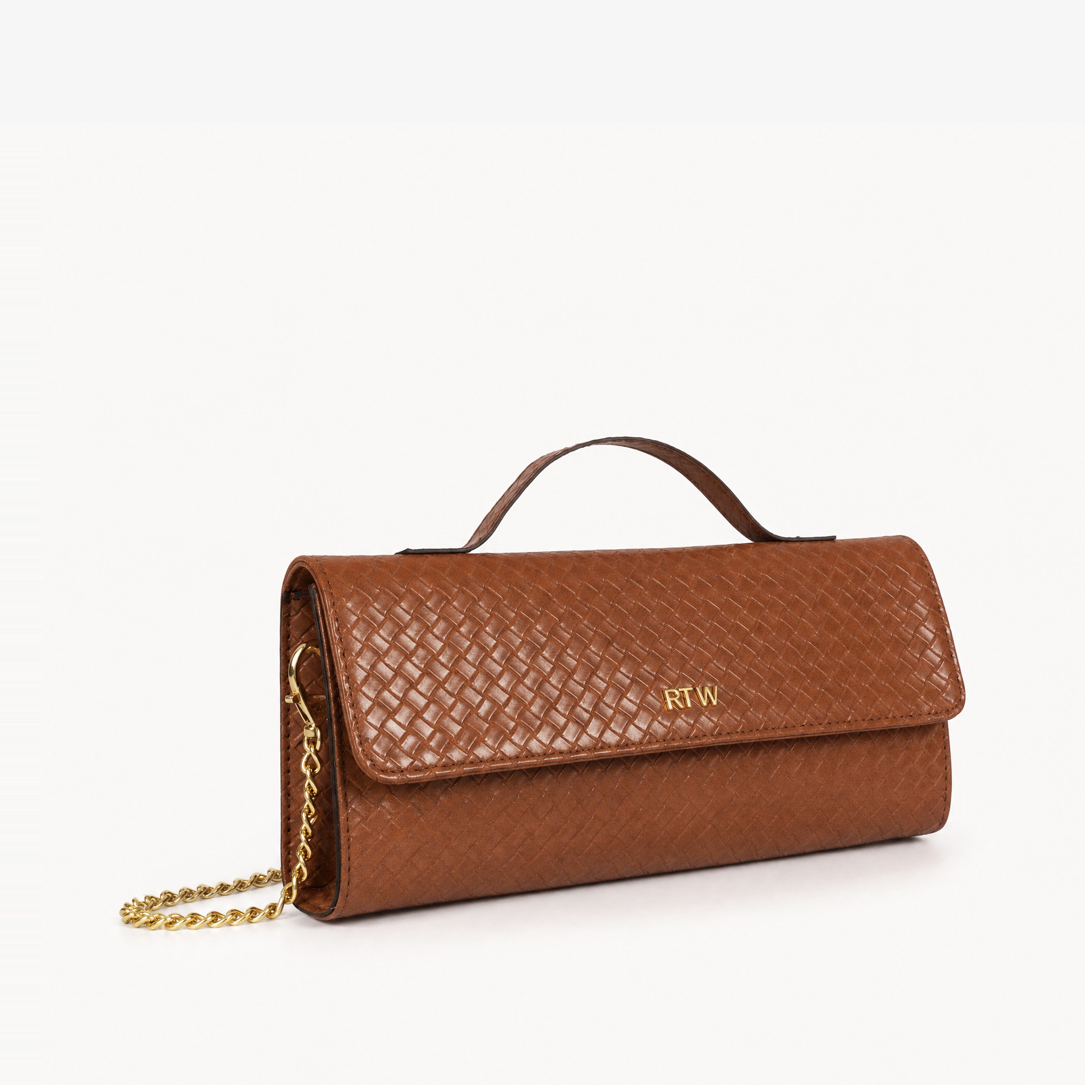 Warm terracotta woven weave clutch with gold chain — front view showing RTW logo and weave flap