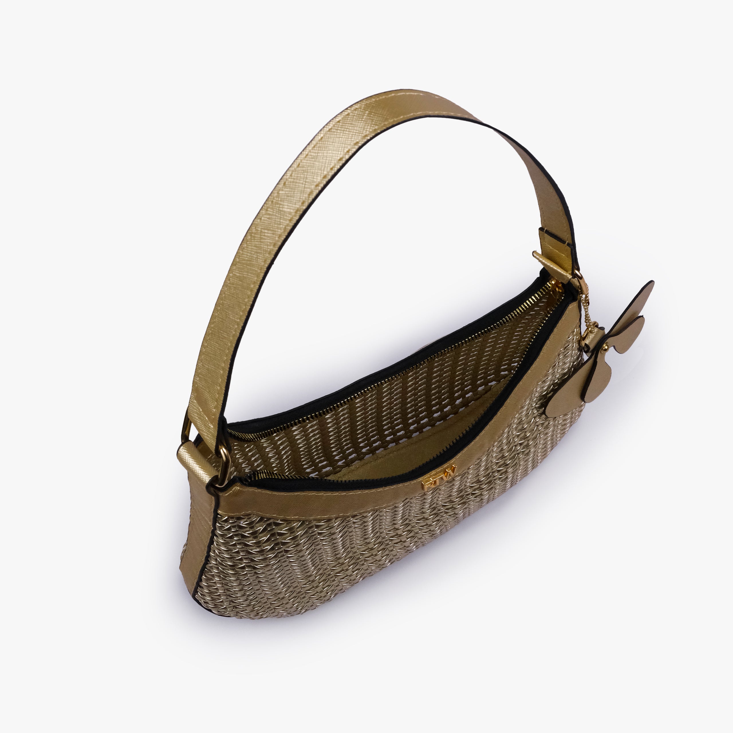 Lined interior and zip-top opening of Golden woven shoulder bag
