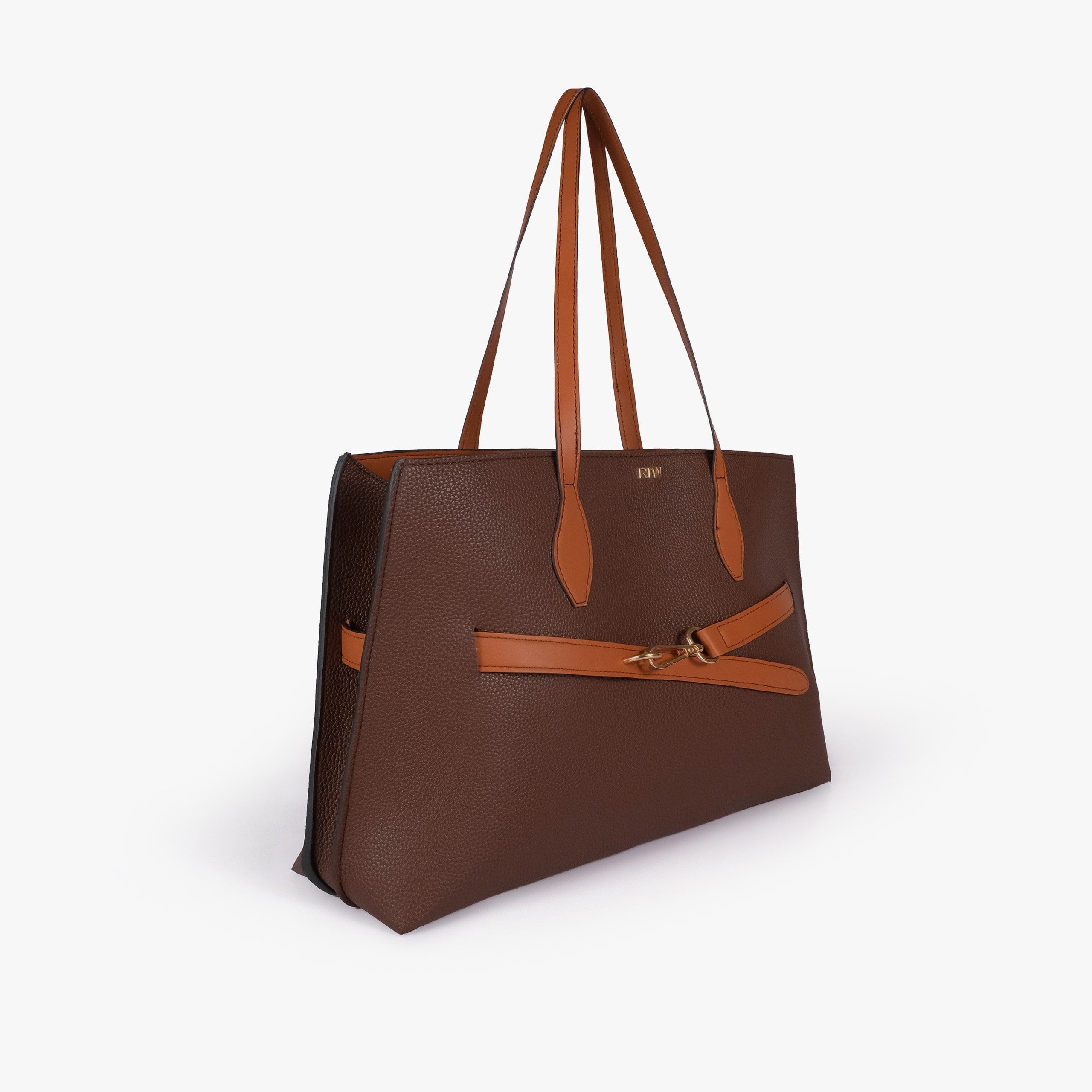 Deep brown pebbled tote with cognac smooth handles and decorative front belt strap — hero 3/4 view, gold doglock buckle, mini RTW logo at top center