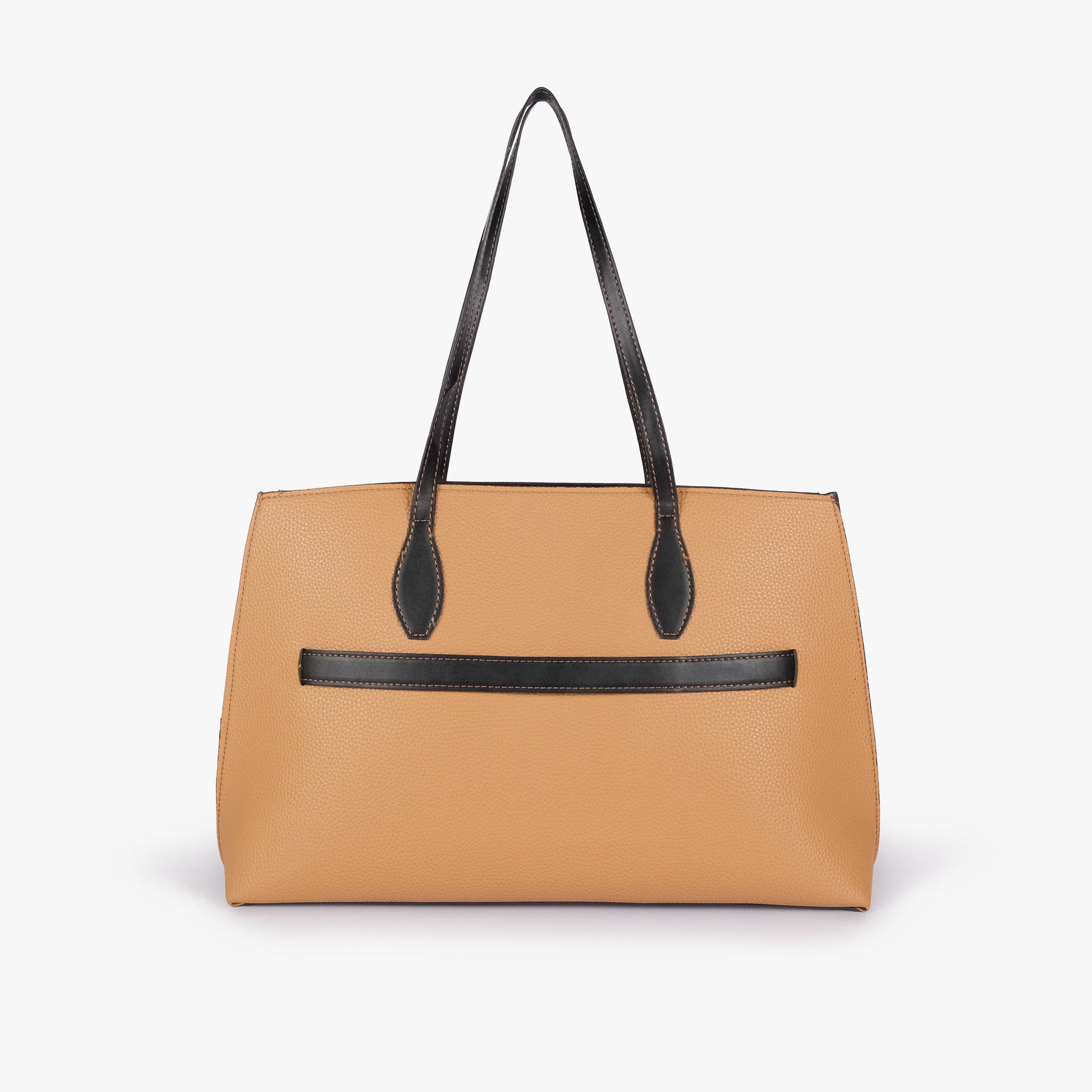 Coffee camel Monday Tote — back view showing horizontal black smooth slip pocket across the middle panel, two handles up