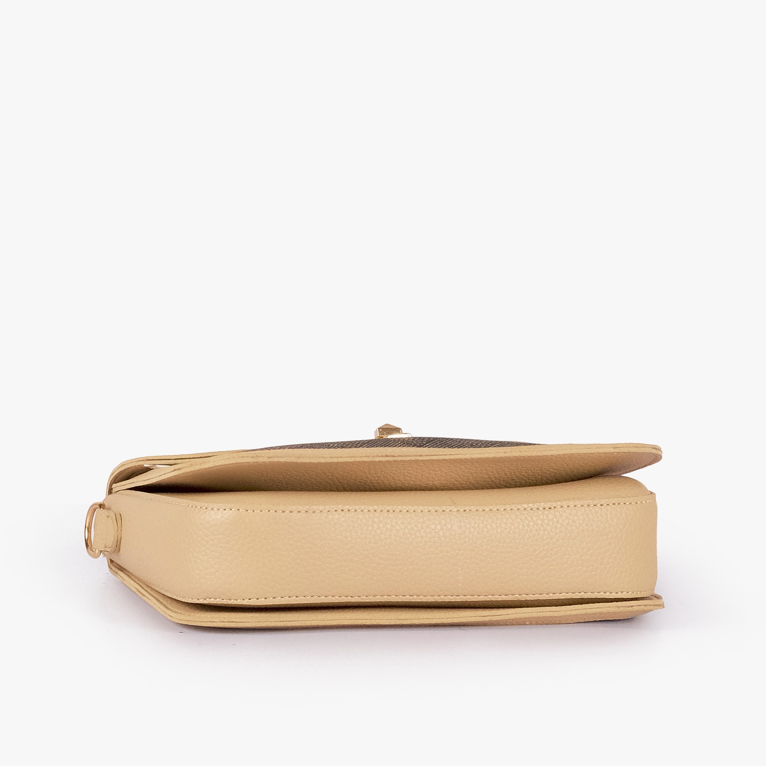 Mocha contrast cross-body bag — tilted underside flat lay showing flap edge and bag depth