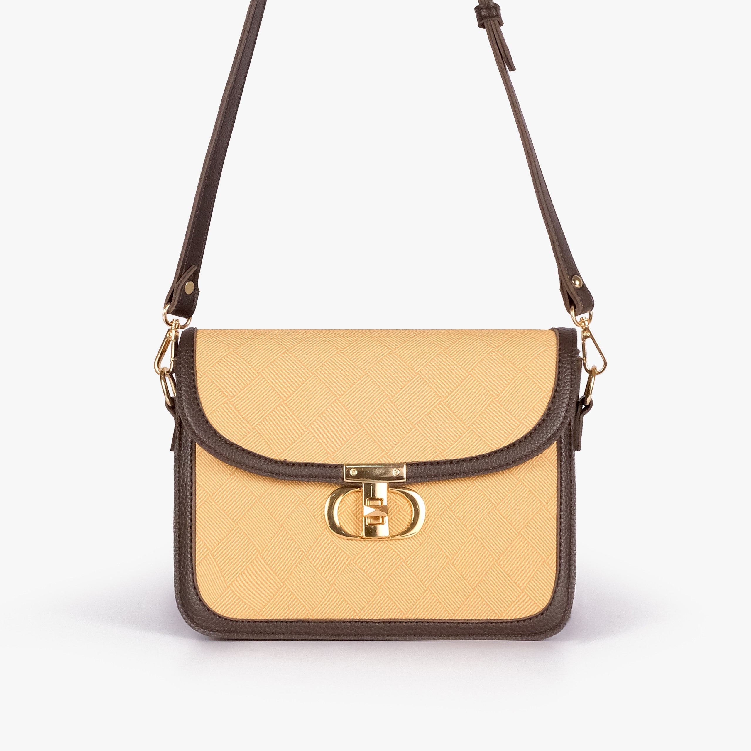 Beige contrast cross-body bag — front view with strap overhead, cross-body carry position