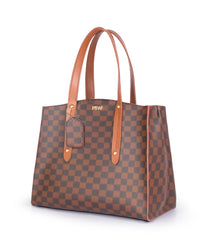 Dark brown checkered multi compartment satchel bag