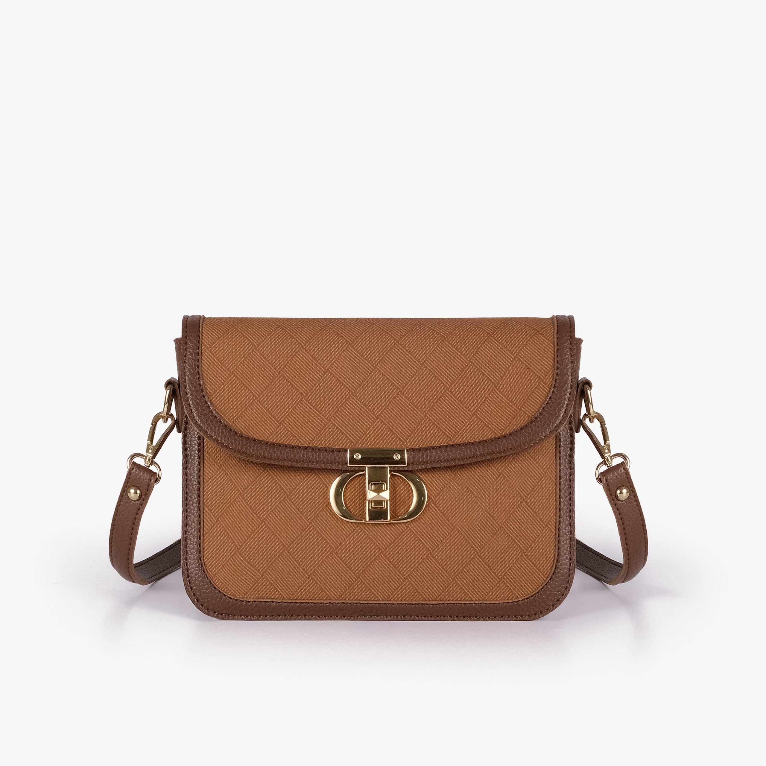 Tan contrast cross-body bag — front straight-on with chocolate strap horizontal across amber panel