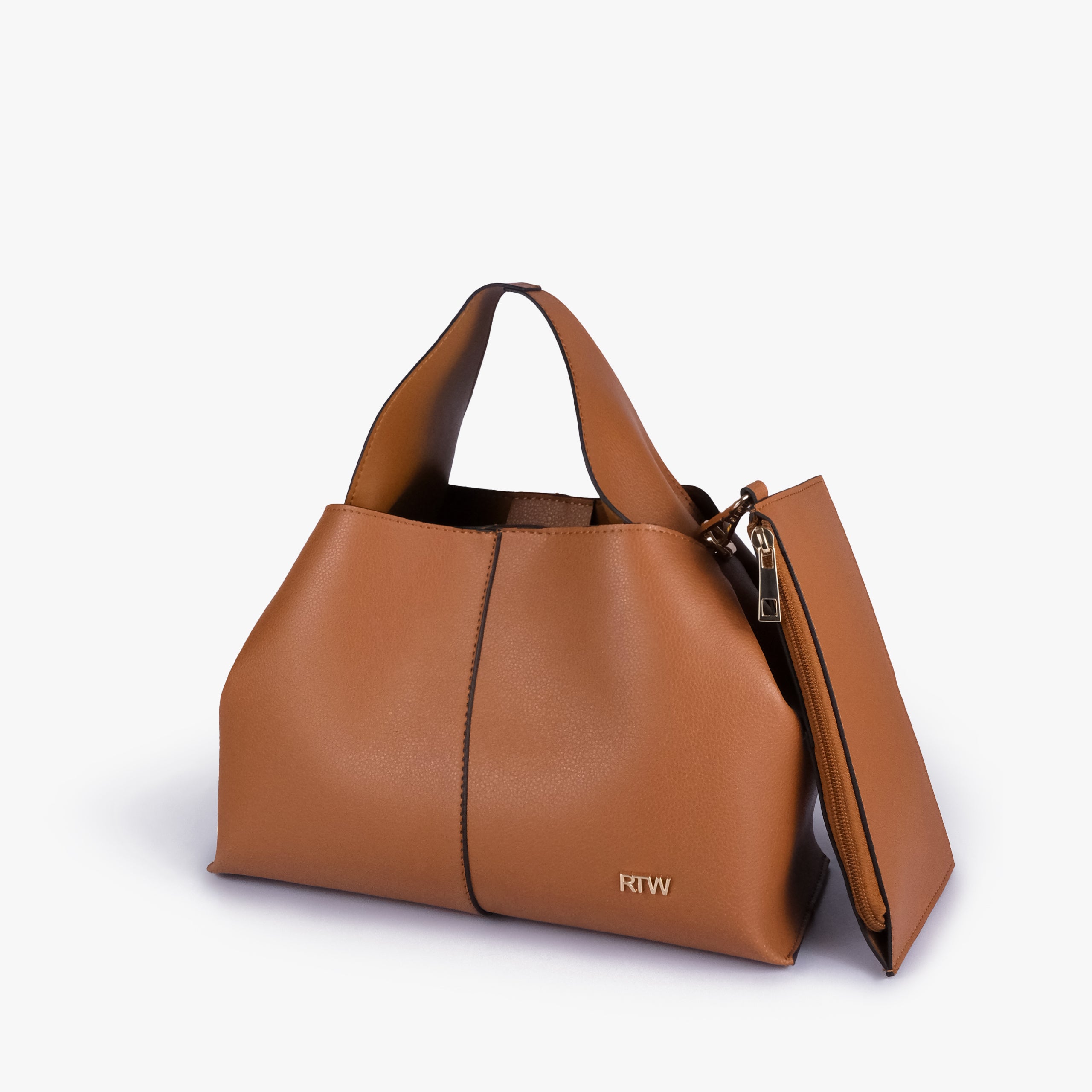 Tan draped mini tote in three-quarter view