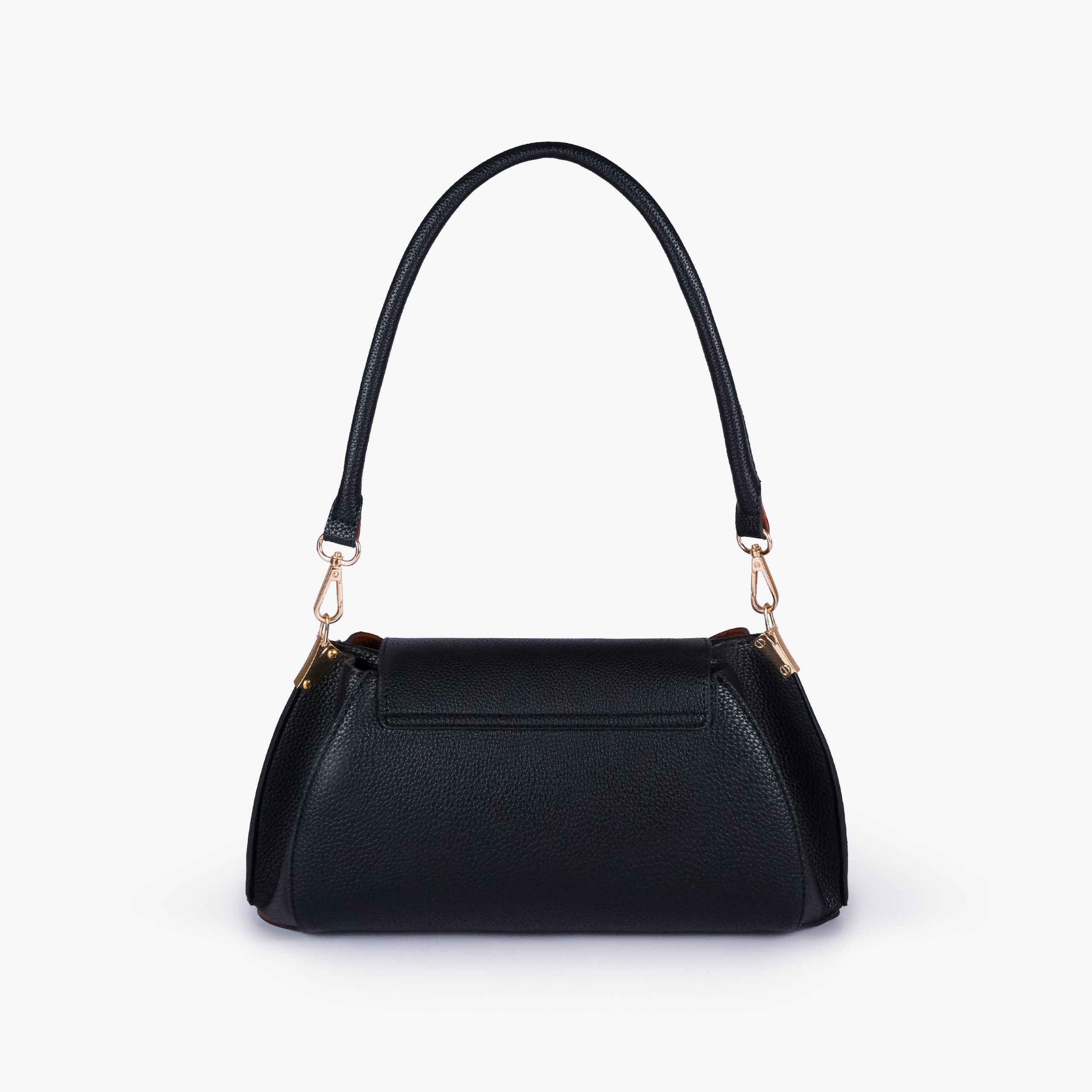 Back view of Black pebble baguette bag with exterior slip pocket