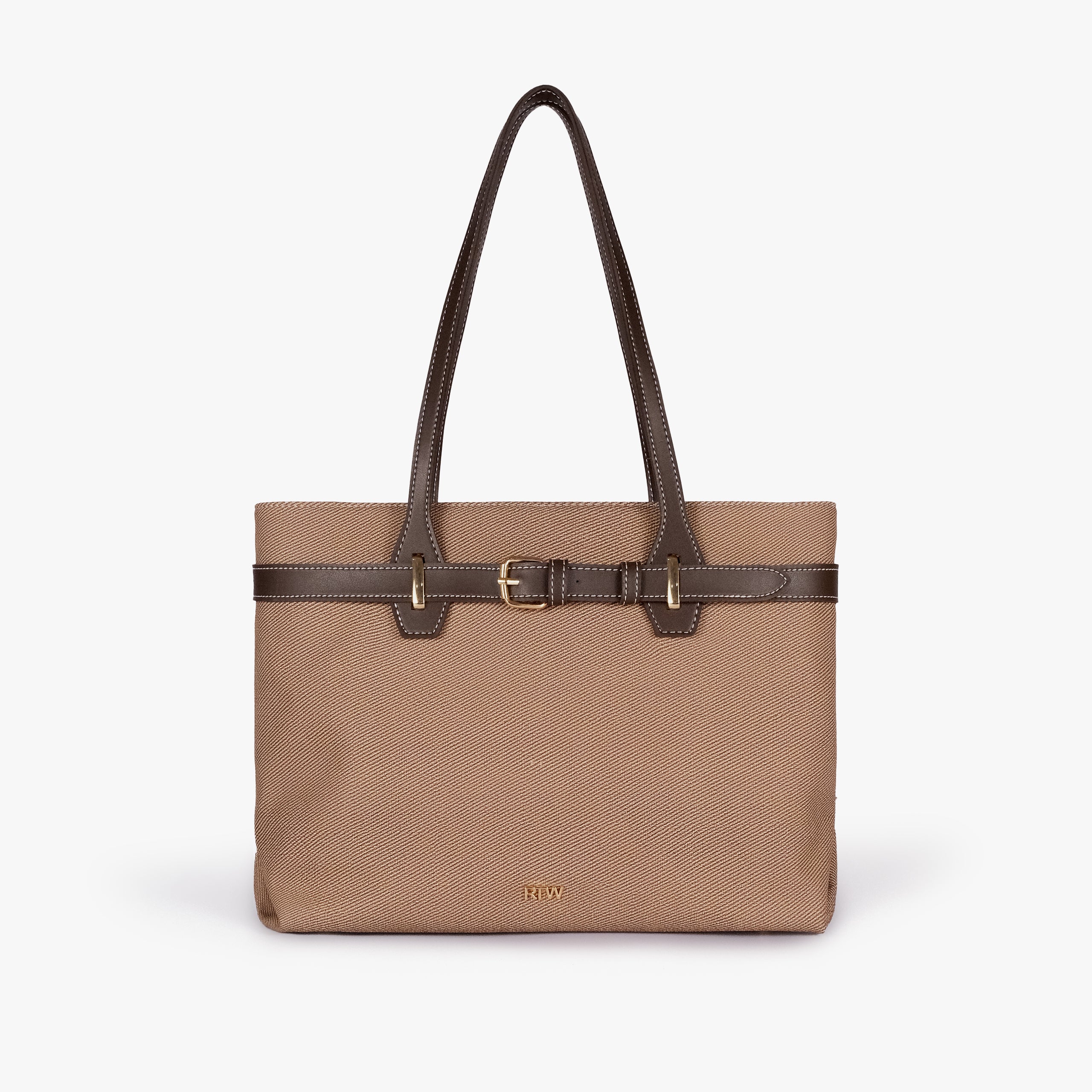Dark brown belted tote bag — straight-on front view showing the horizontal belt detail, gold-tone buckle, RTW logo plaque, and textured body panel, taupe-brown textured body with dark brown smooth faux-leather trim