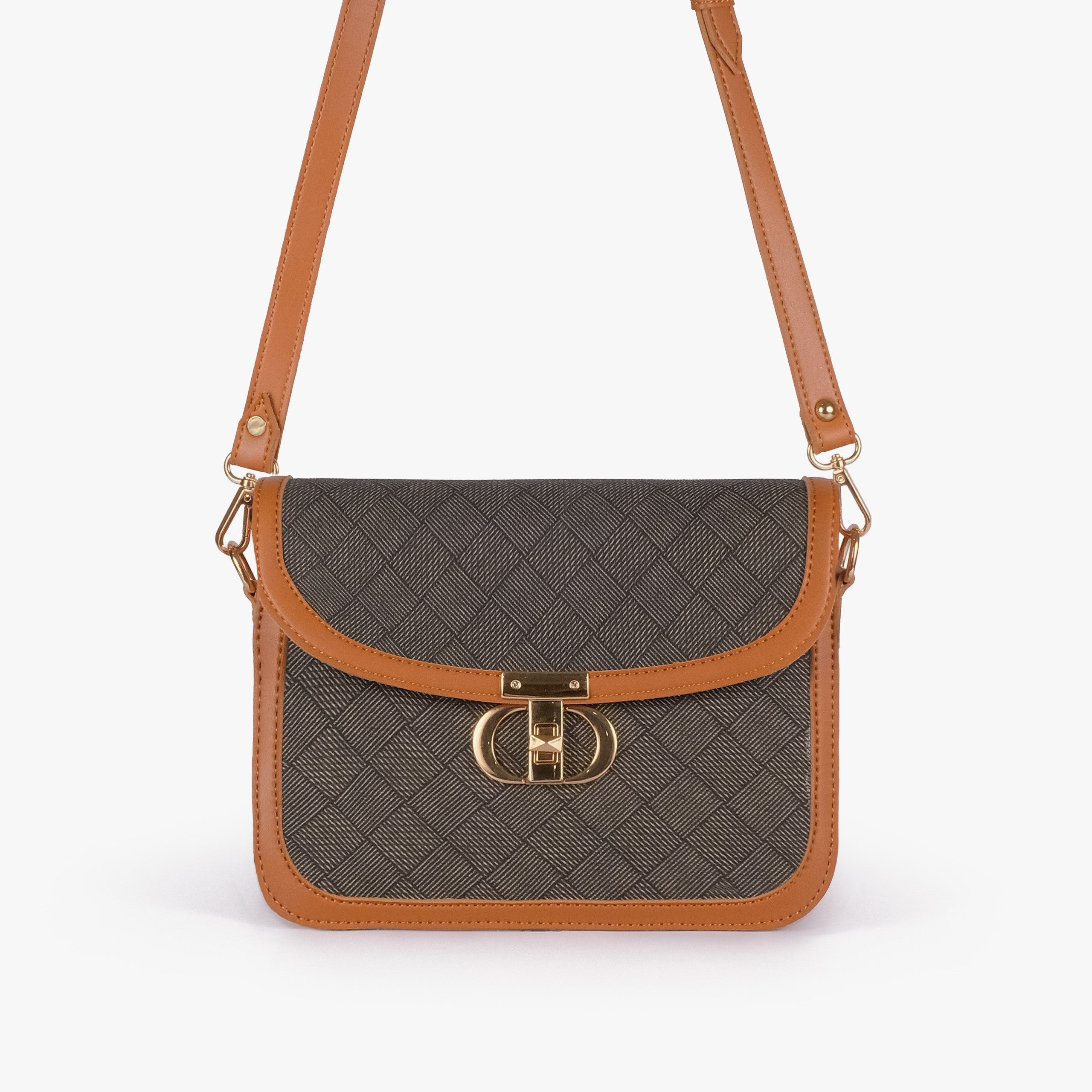 Camel contrast cross-body bag — front view with strap overhead, cross-body carry position