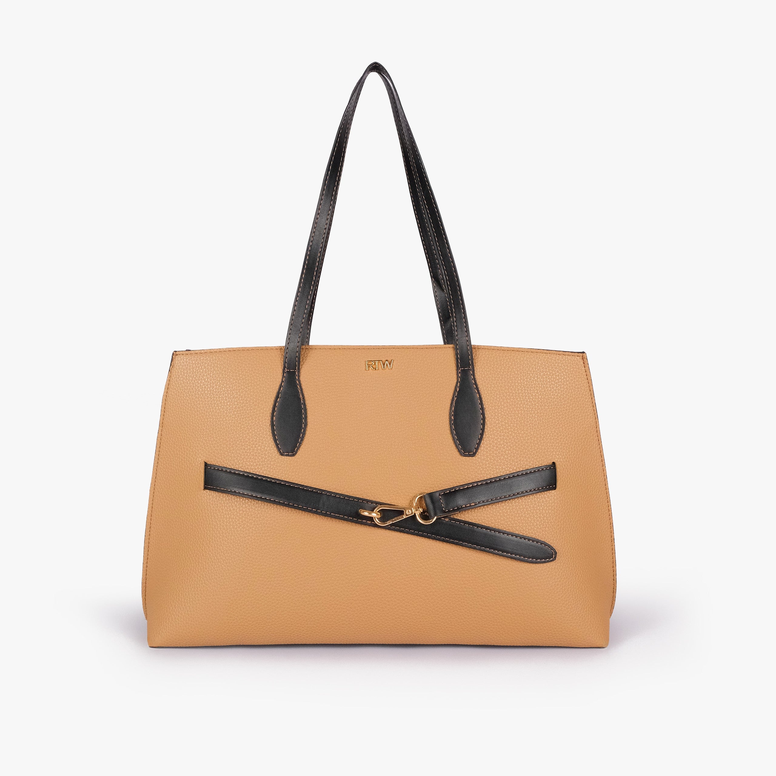 Coffee camel Monday Tote — front straight-on view, black handles up, decorative black belt with gold doglock buckle, trapezoid silhouette