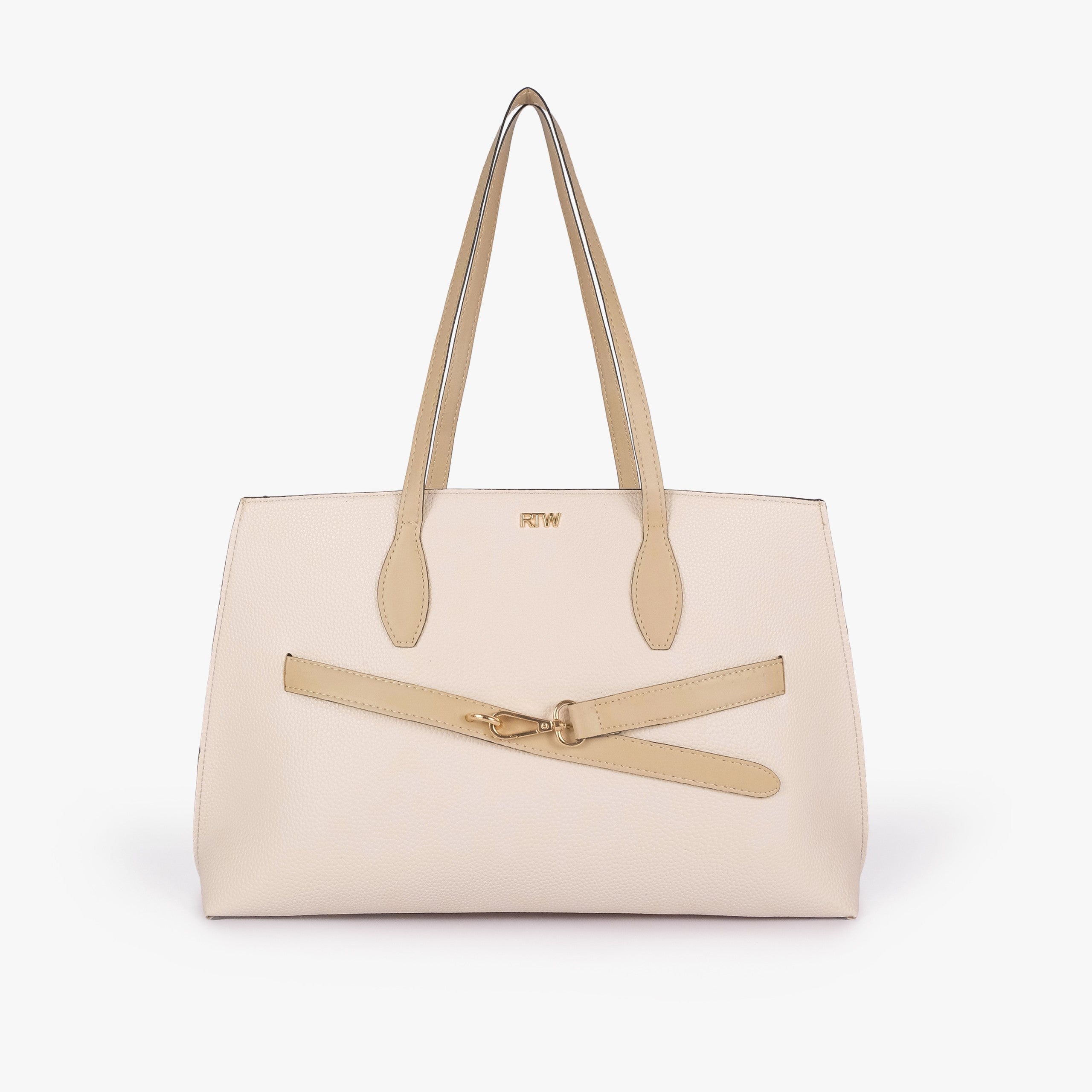 Off-white cream pebbled Monday Tote — front straight-on view, tan handles up, decorative belt with gold doglock, trapezoid silhouette