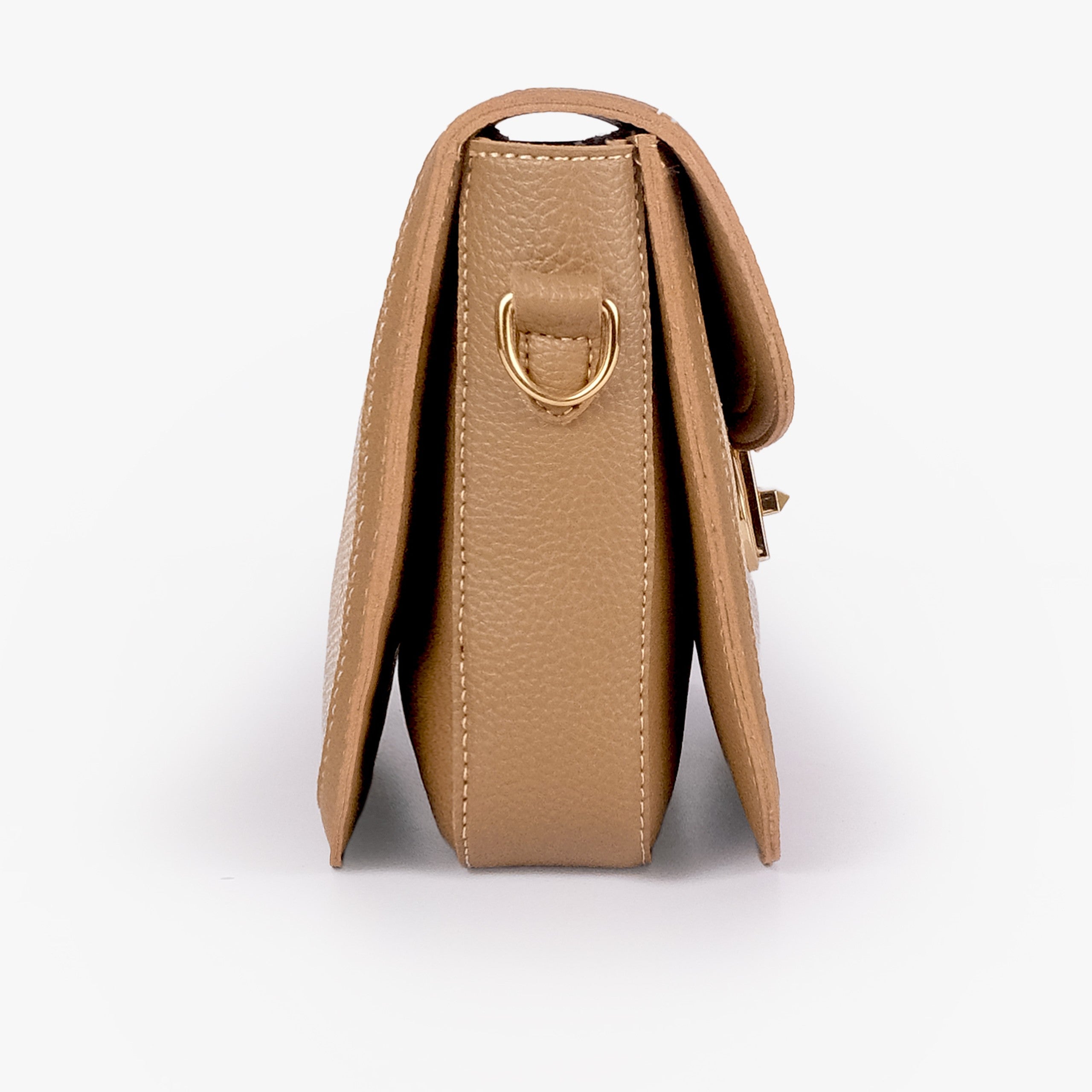 Wheat contrast cross-body bag — side profile showing slim gusset and gold D-ring on camel trim