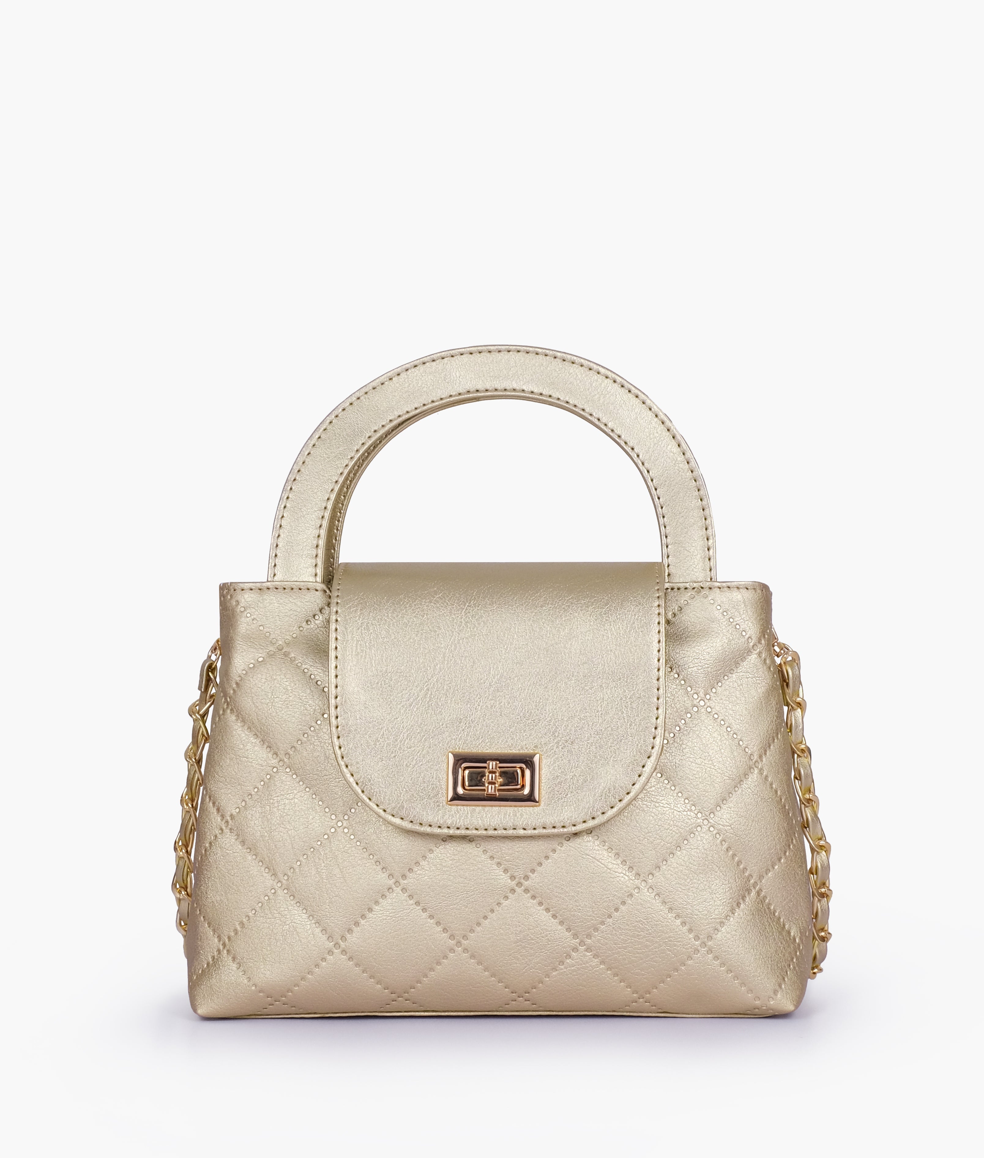 Golden flap quilted bag with top handle