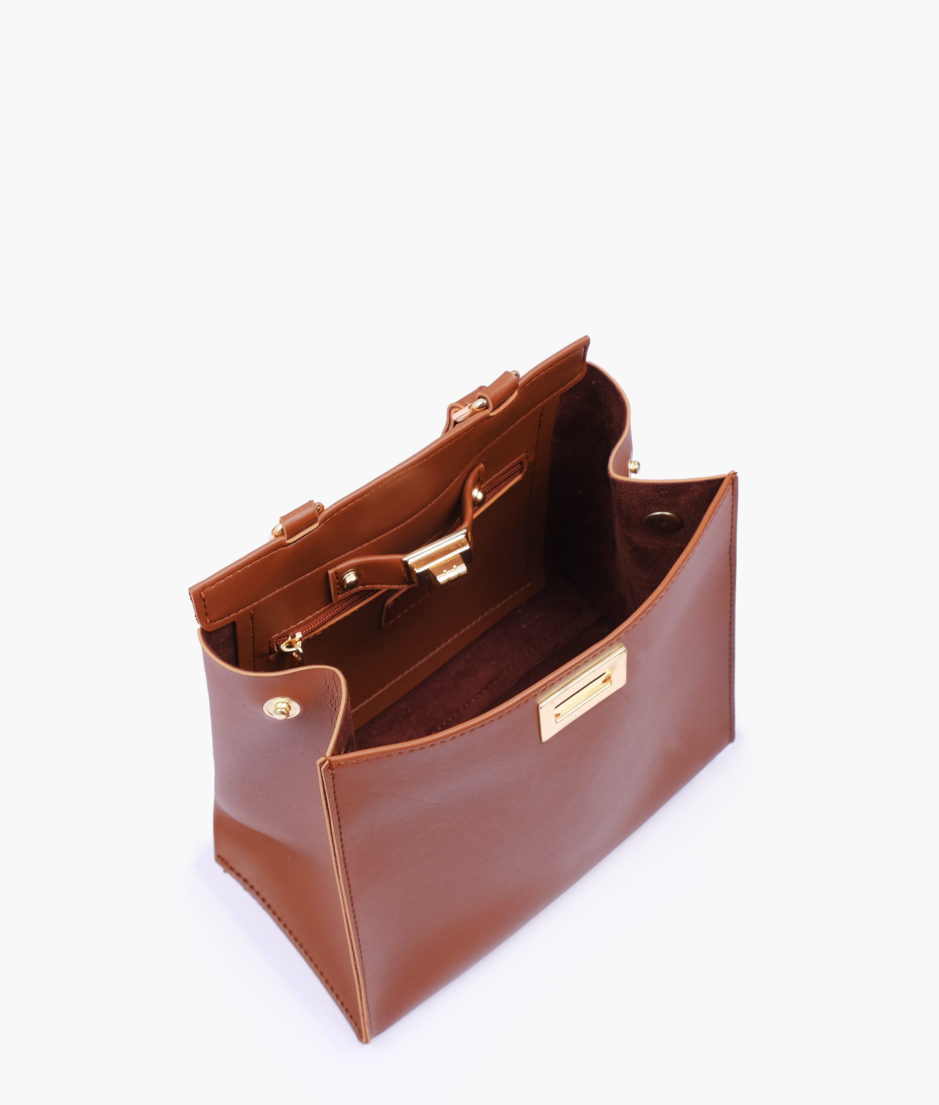 Brown front lock top-handle mini bag