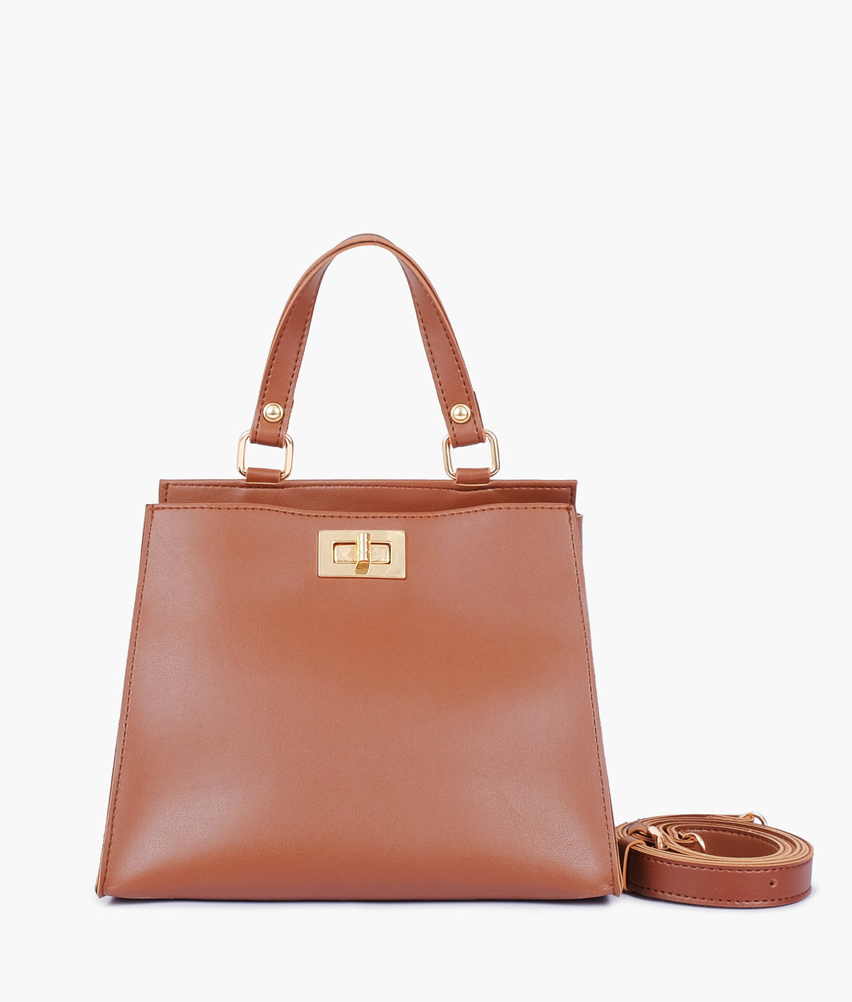 Brown front lock top-handle mini bag