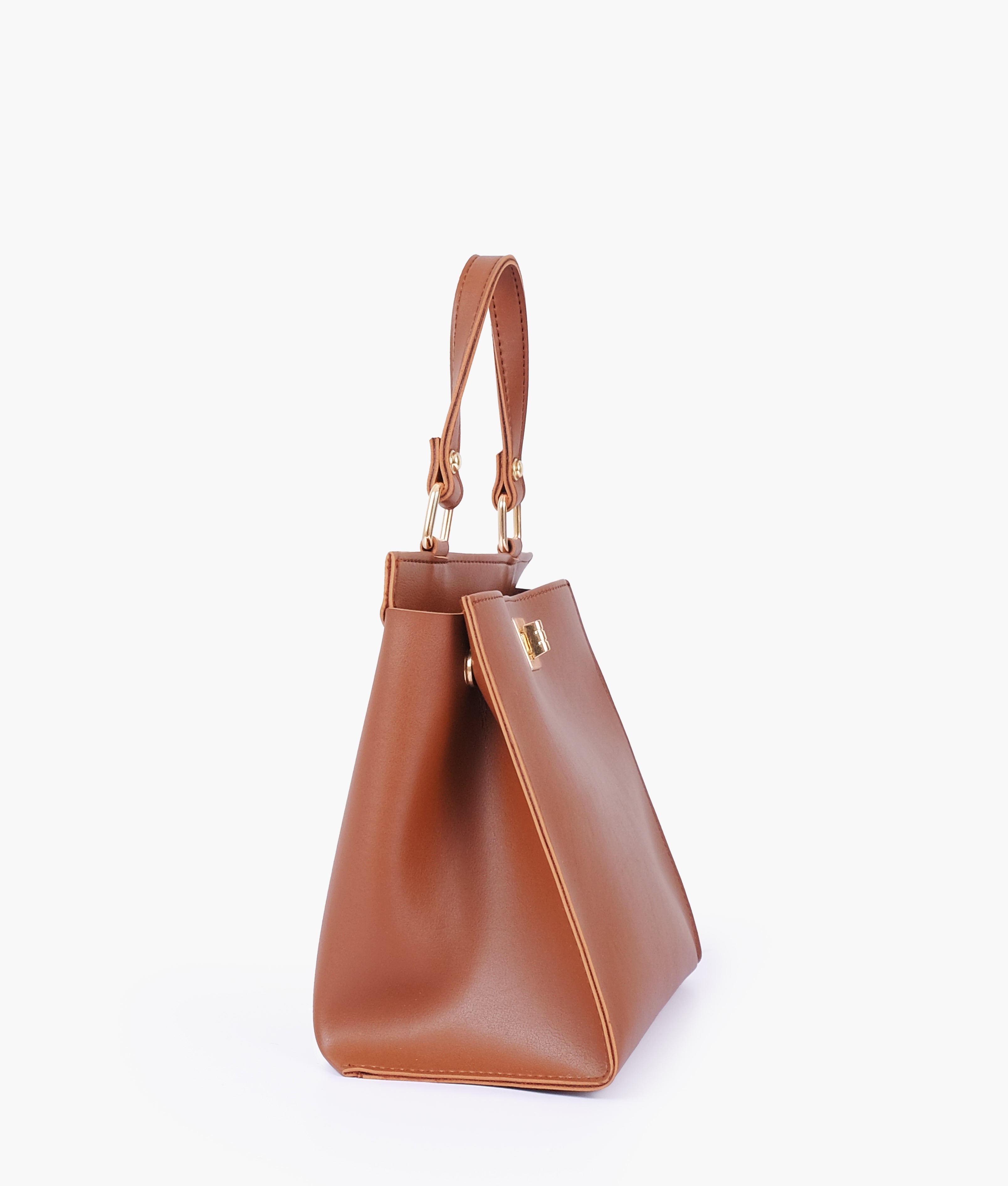 Brown front lock top-handle mini bag