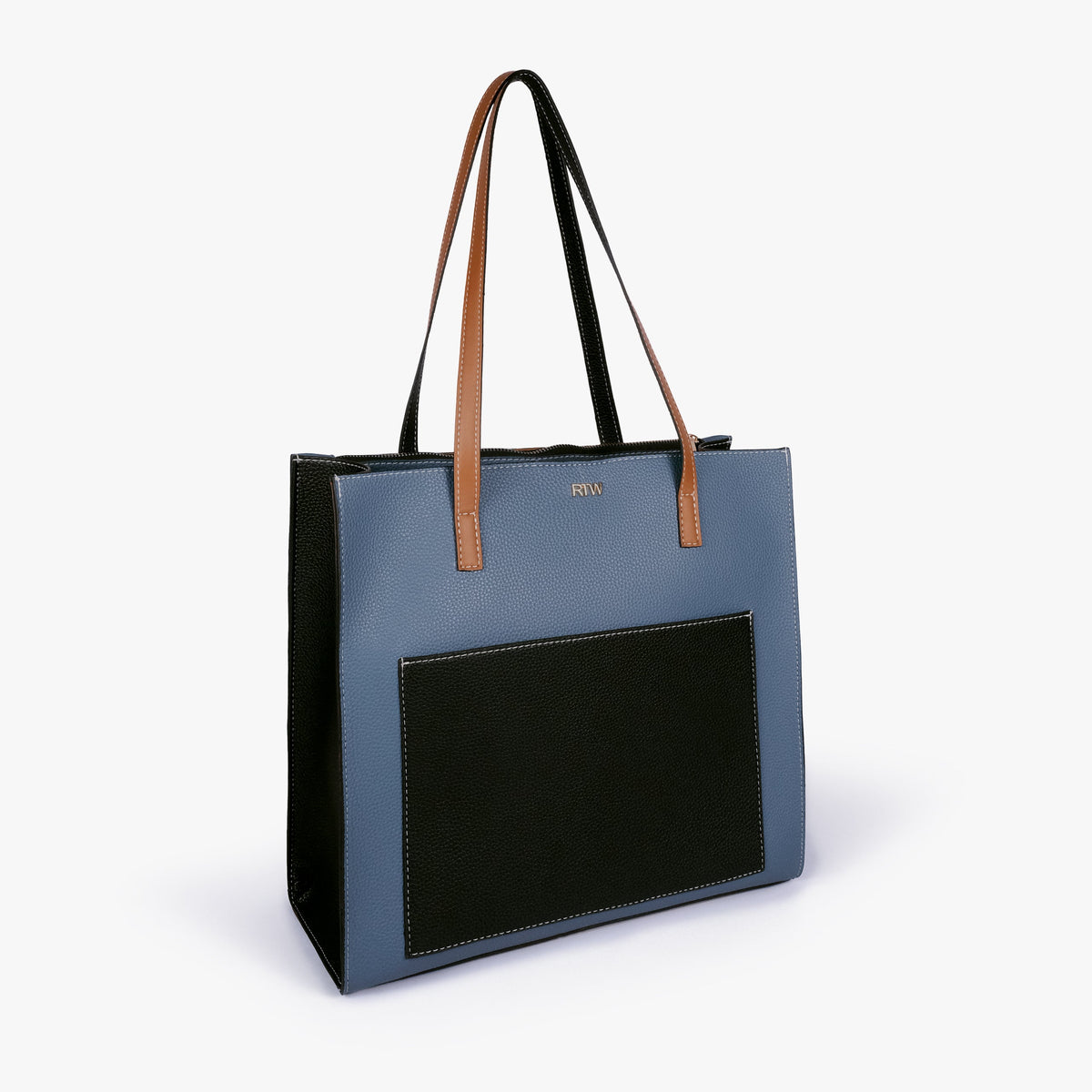 Indigo color blocking tote in three-quarter view