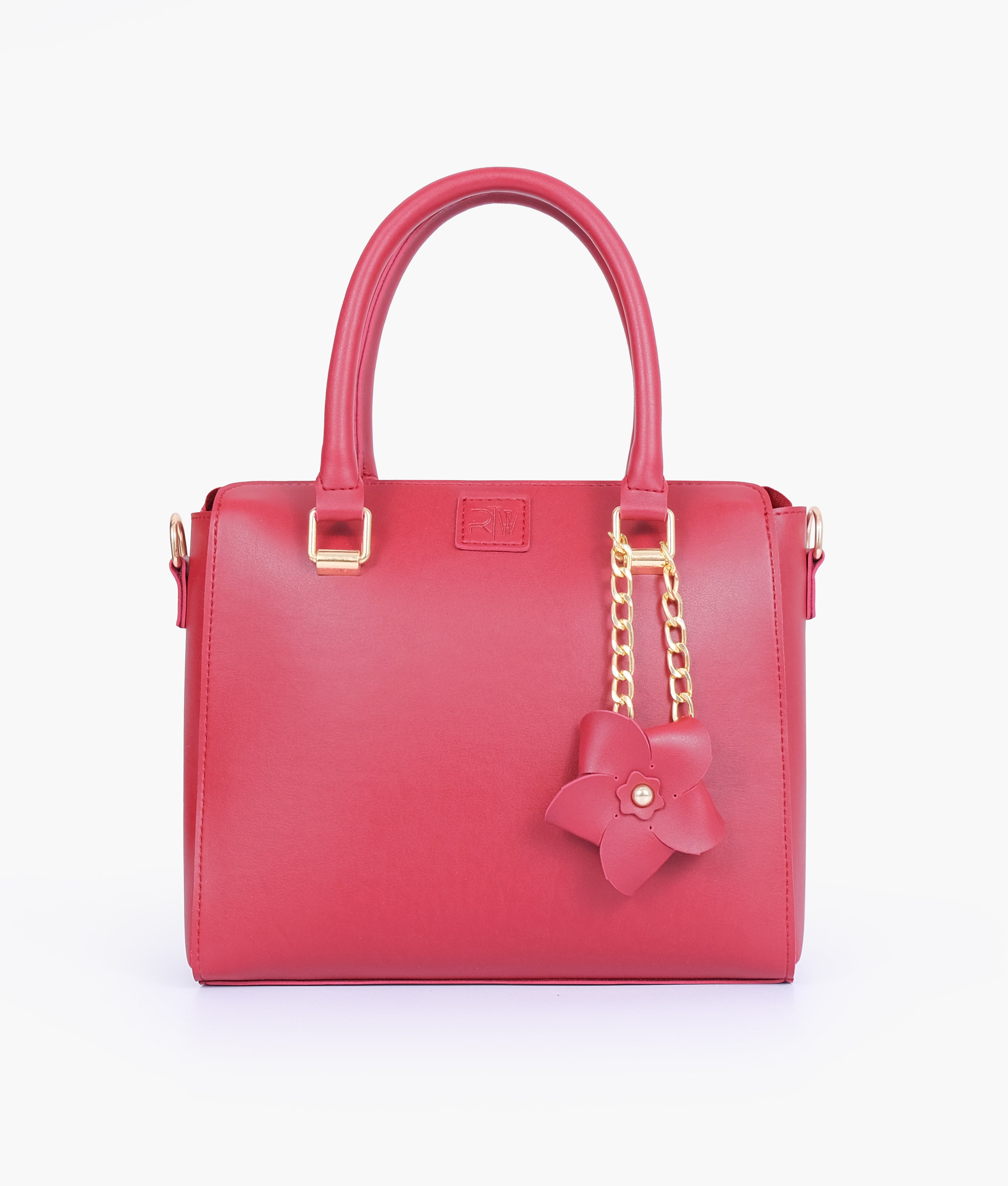 Maroon handbag with flower charm