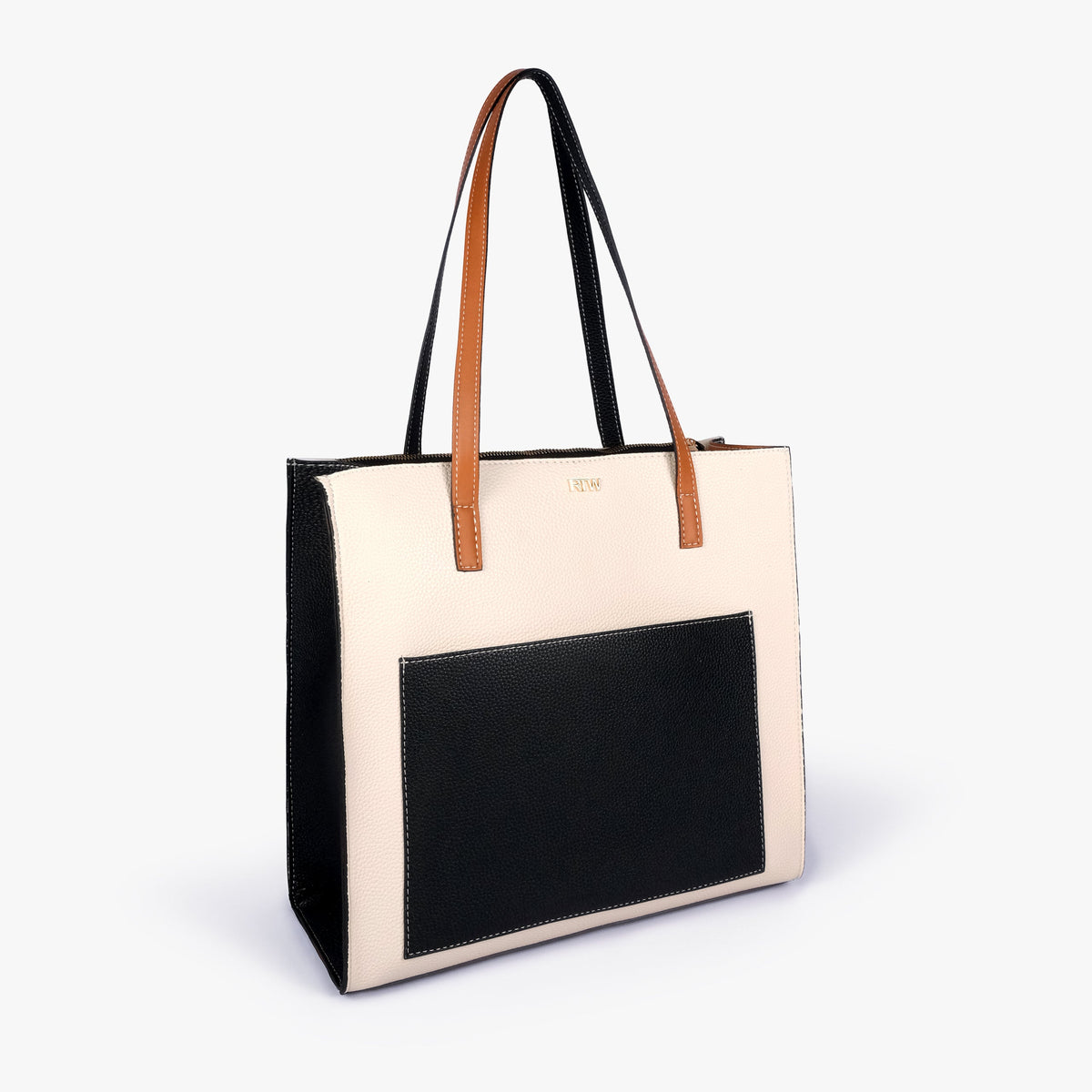 Monochrome color blocking tote in three-quarter view