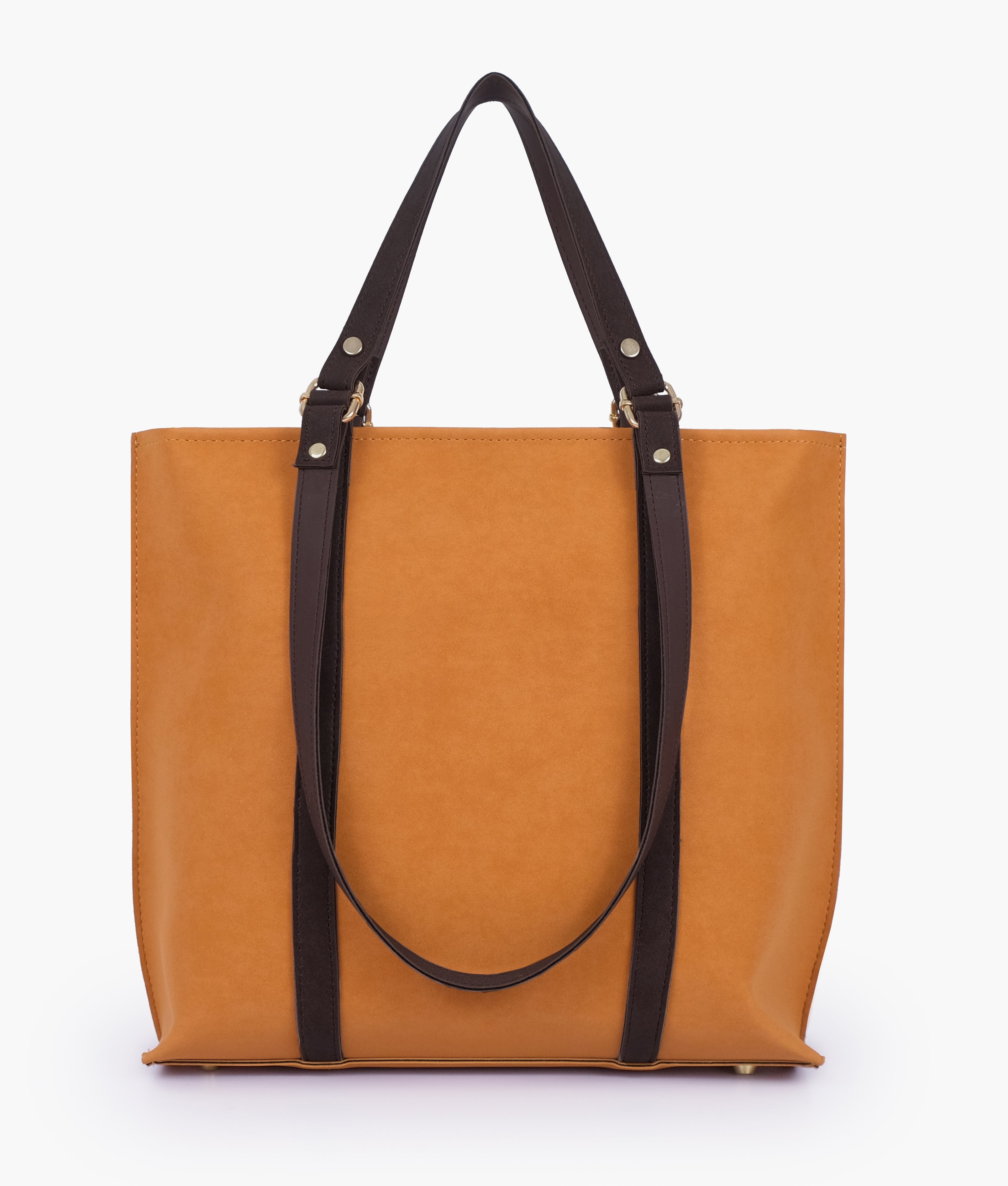 Mustard and dark brown mocha suede double-handle tote