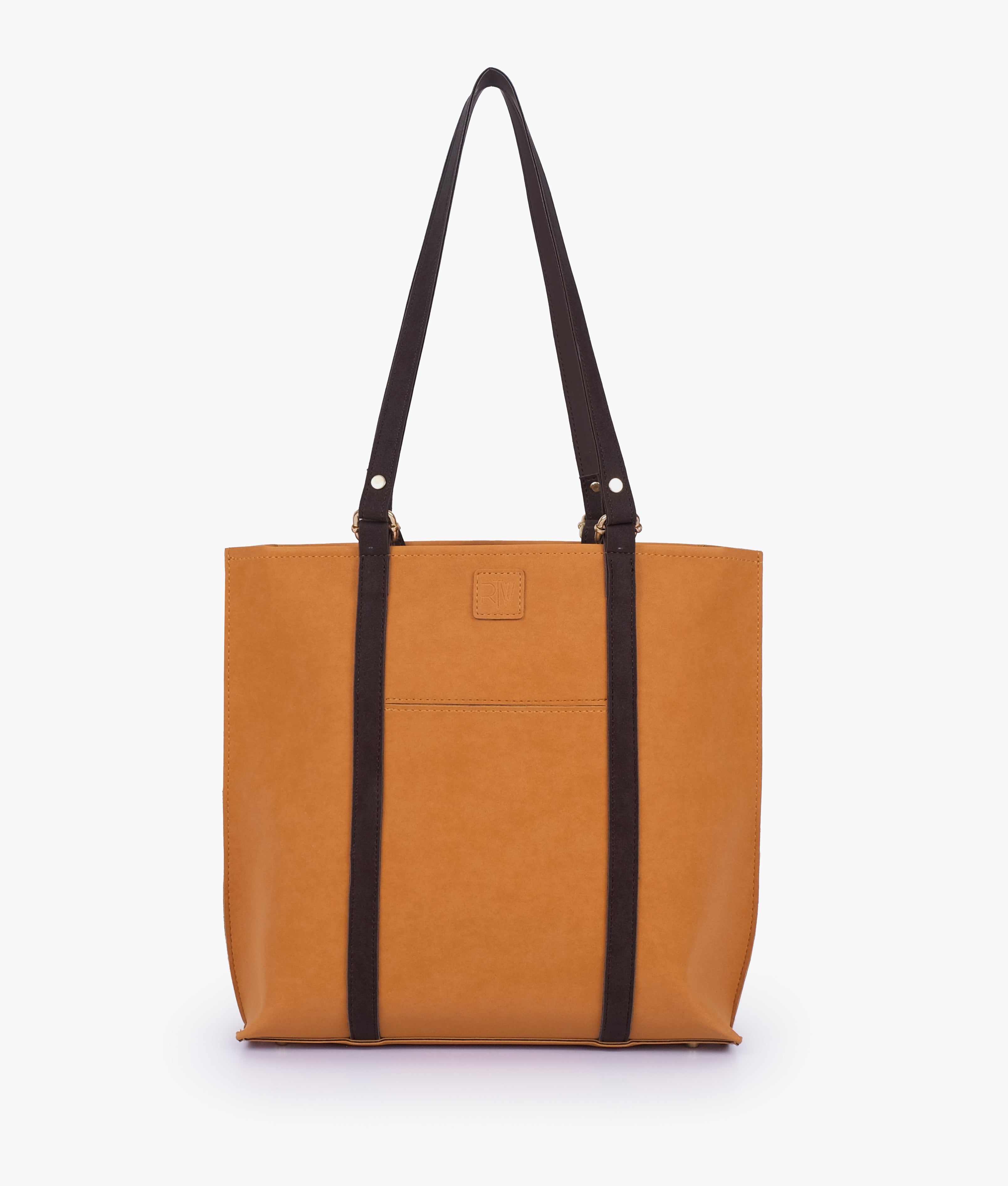 Mustard and dark brown mocha suede double-handle tote