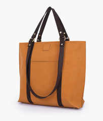 Mustard and dark brown mocha suede double-handle tote