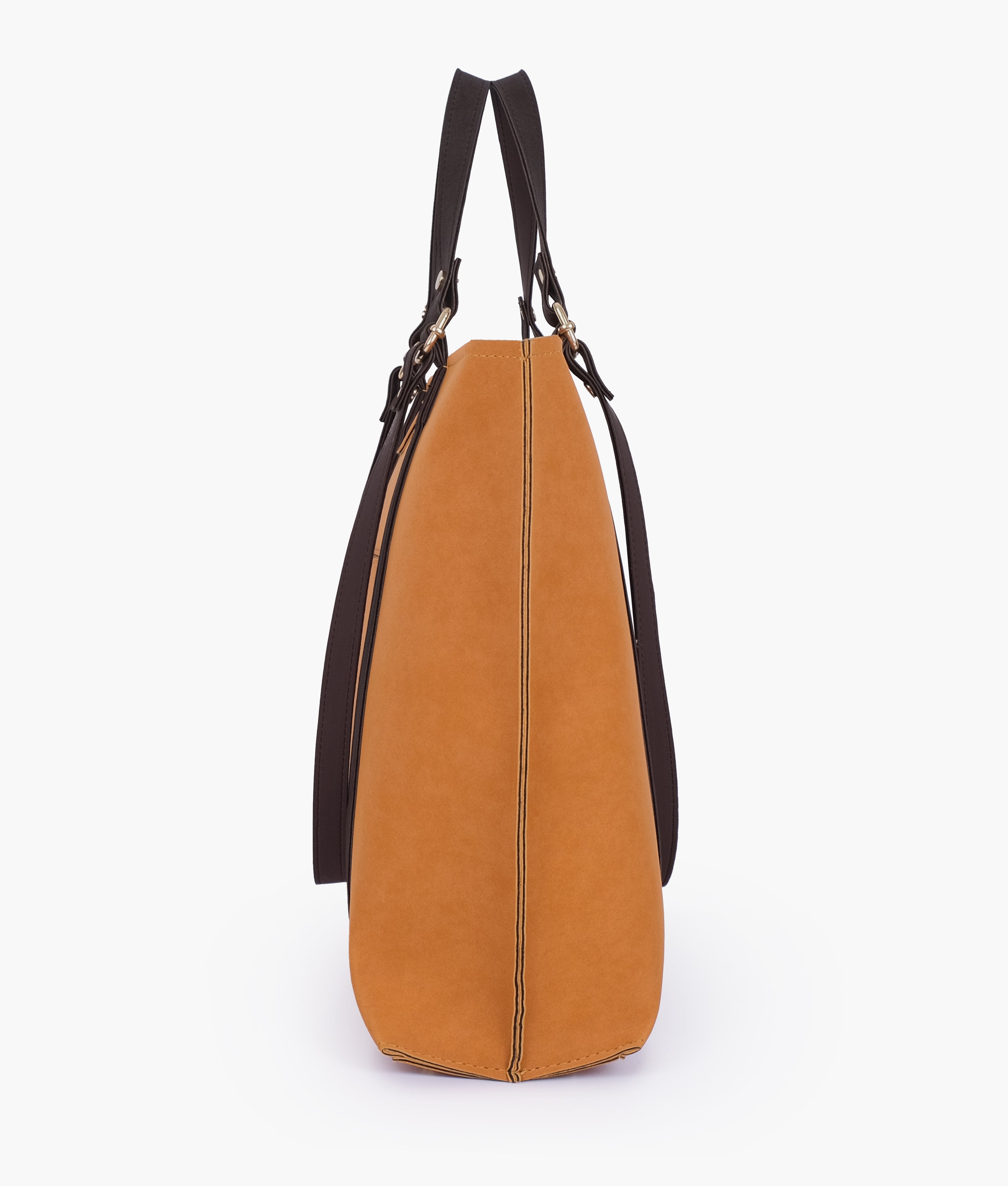 Mustard and dark brown mocha suede double-handle tote