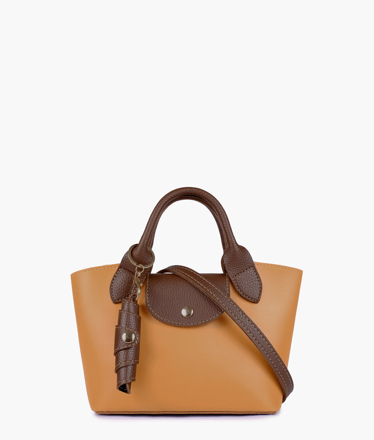 Front view of Mustard mini top-handle tote bag with the crossbody strap attached