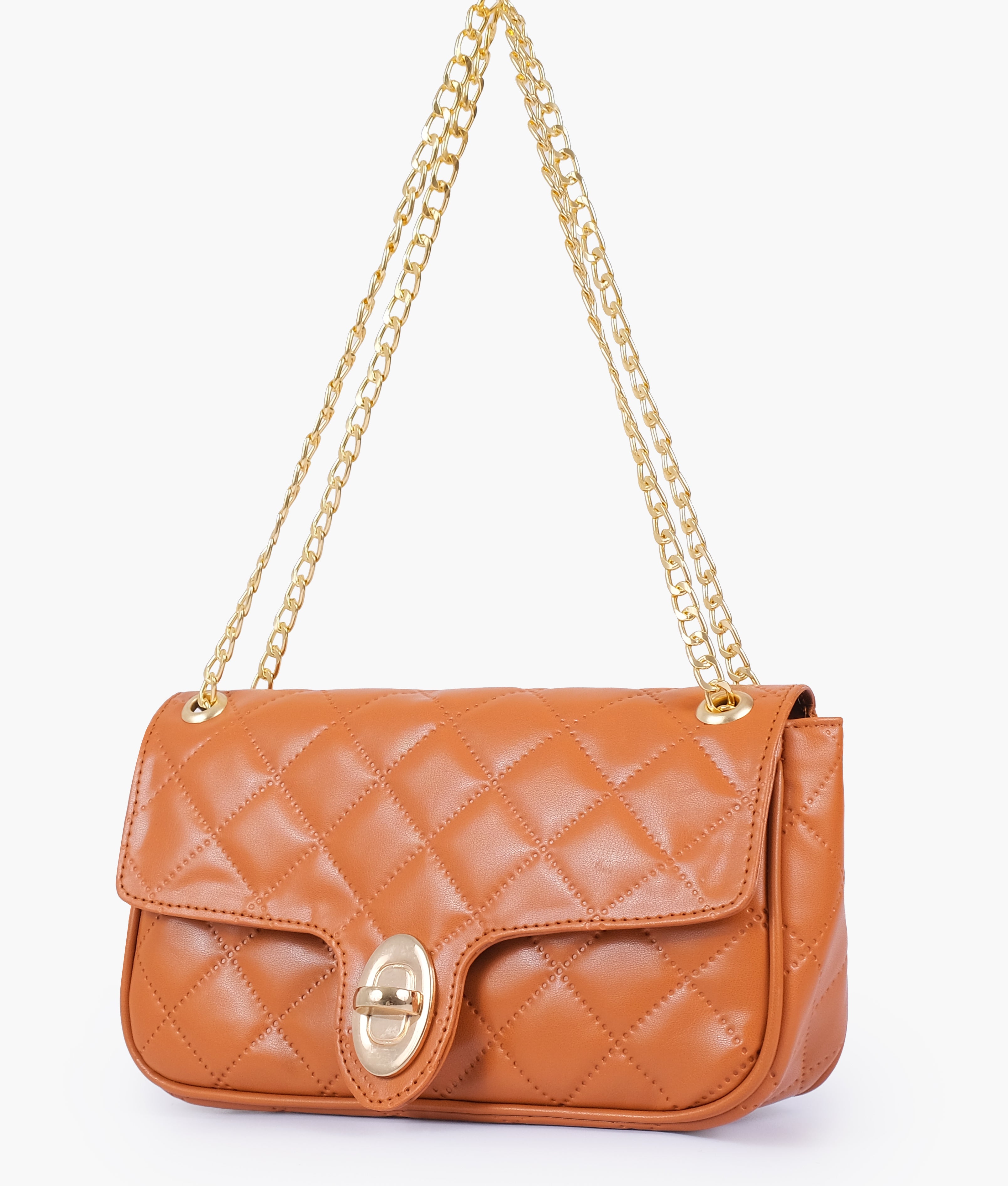Mustard quilted small shoulder bag with chain