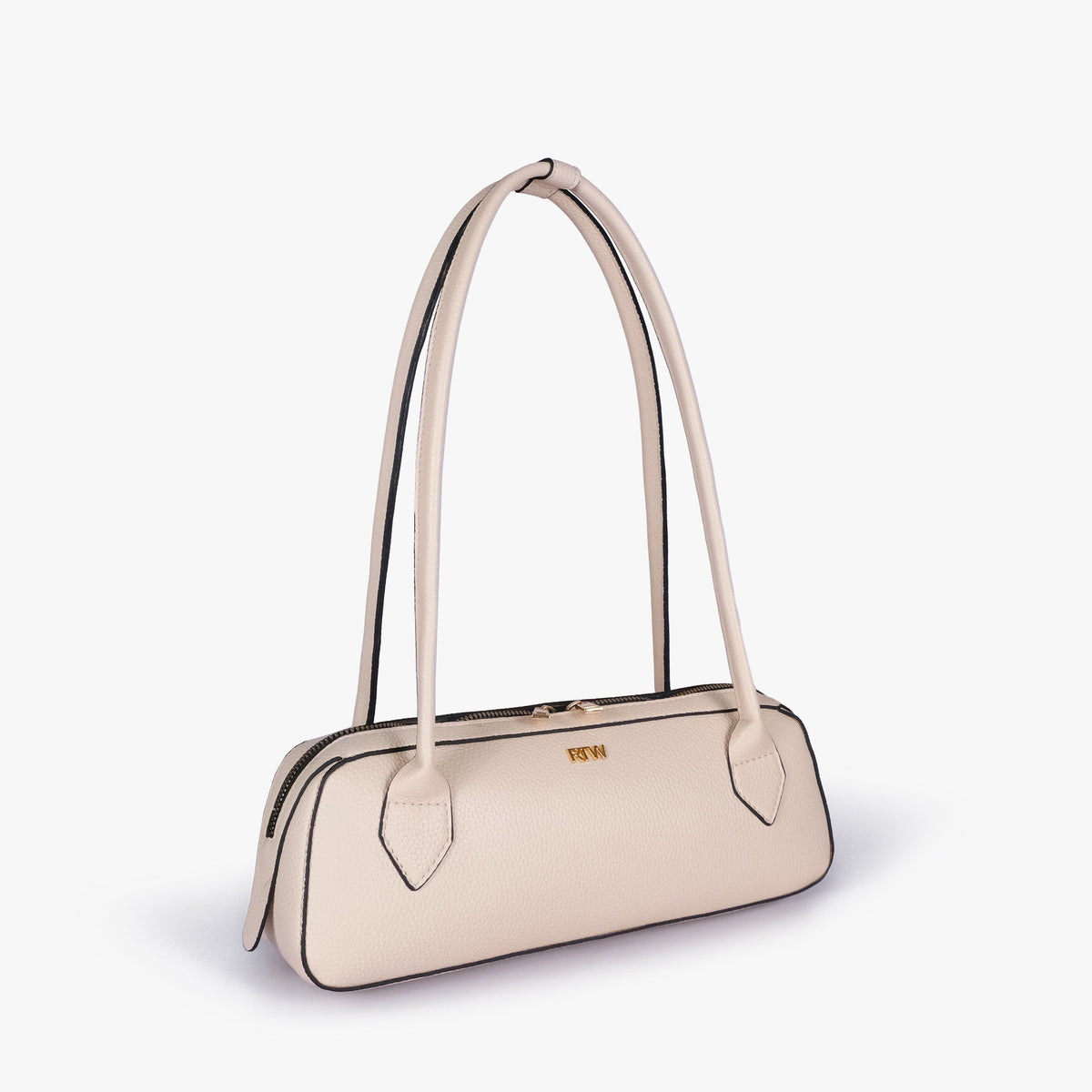 Off-white east-west baguette bag in three-quarter view