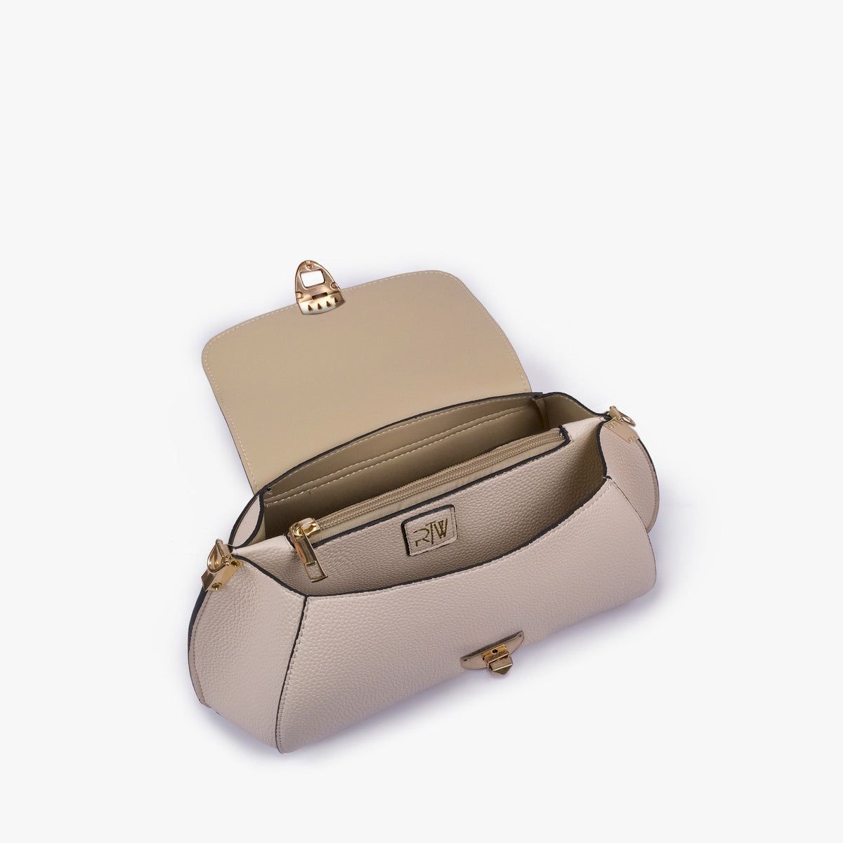 Interior of Off-white pebble baguette bag with the flap open showing the zippered main compartment