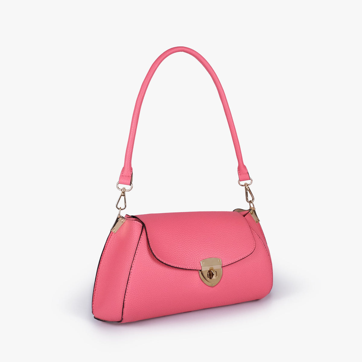 Raspberry pink pebble baguette bag in three-quarter view