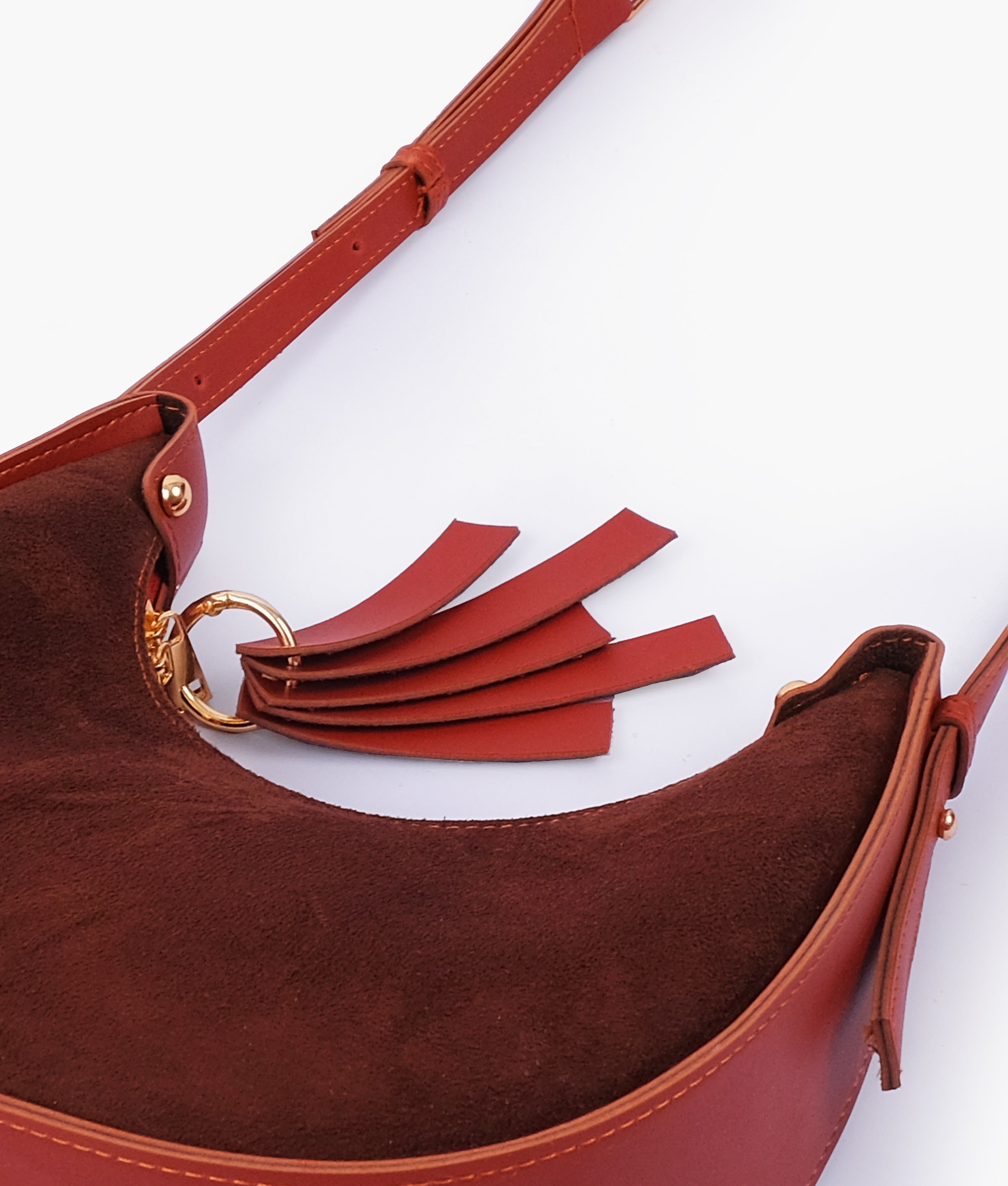 Rust suede crescent hobo bag