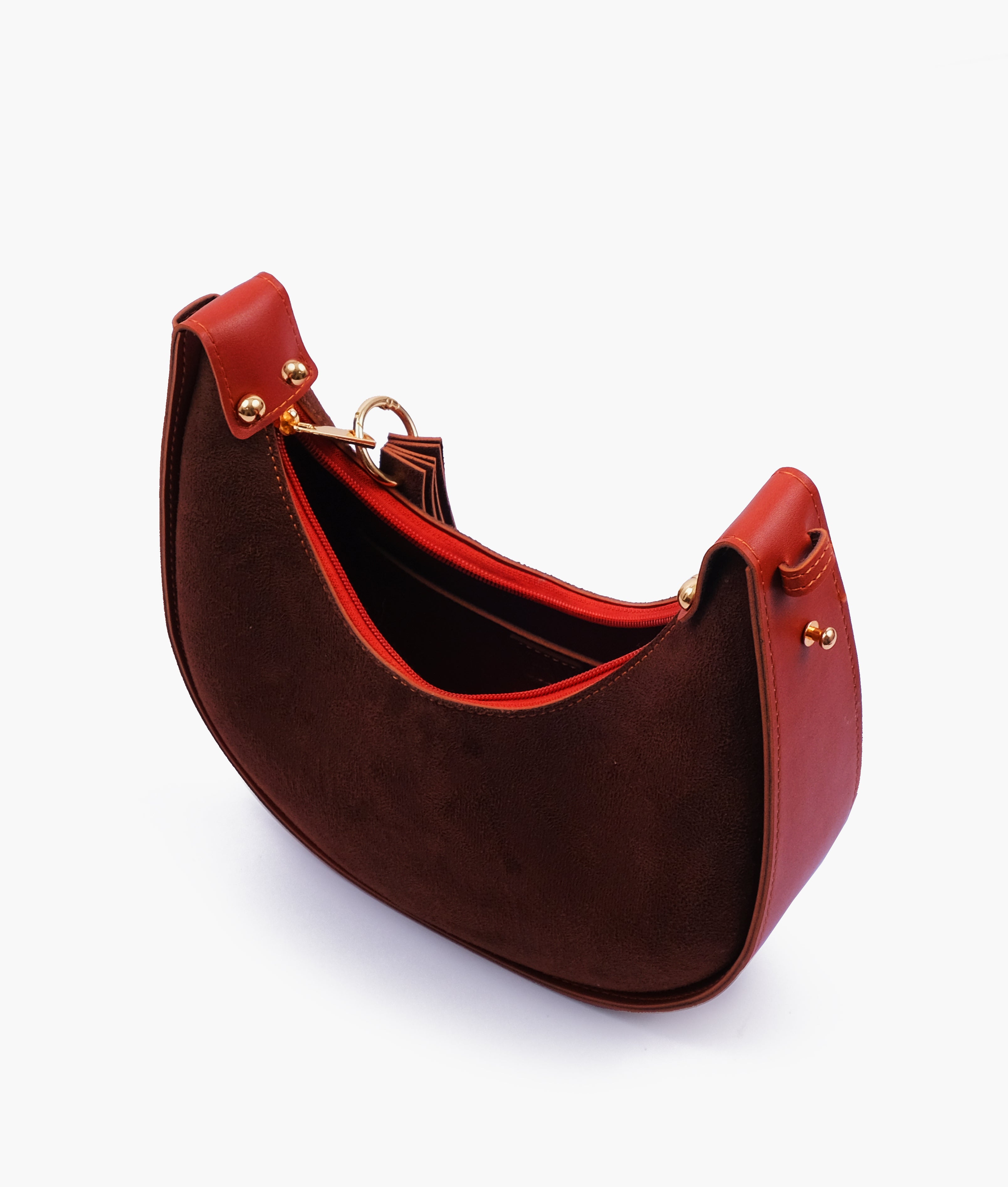 Rust suede crescent hobo bag