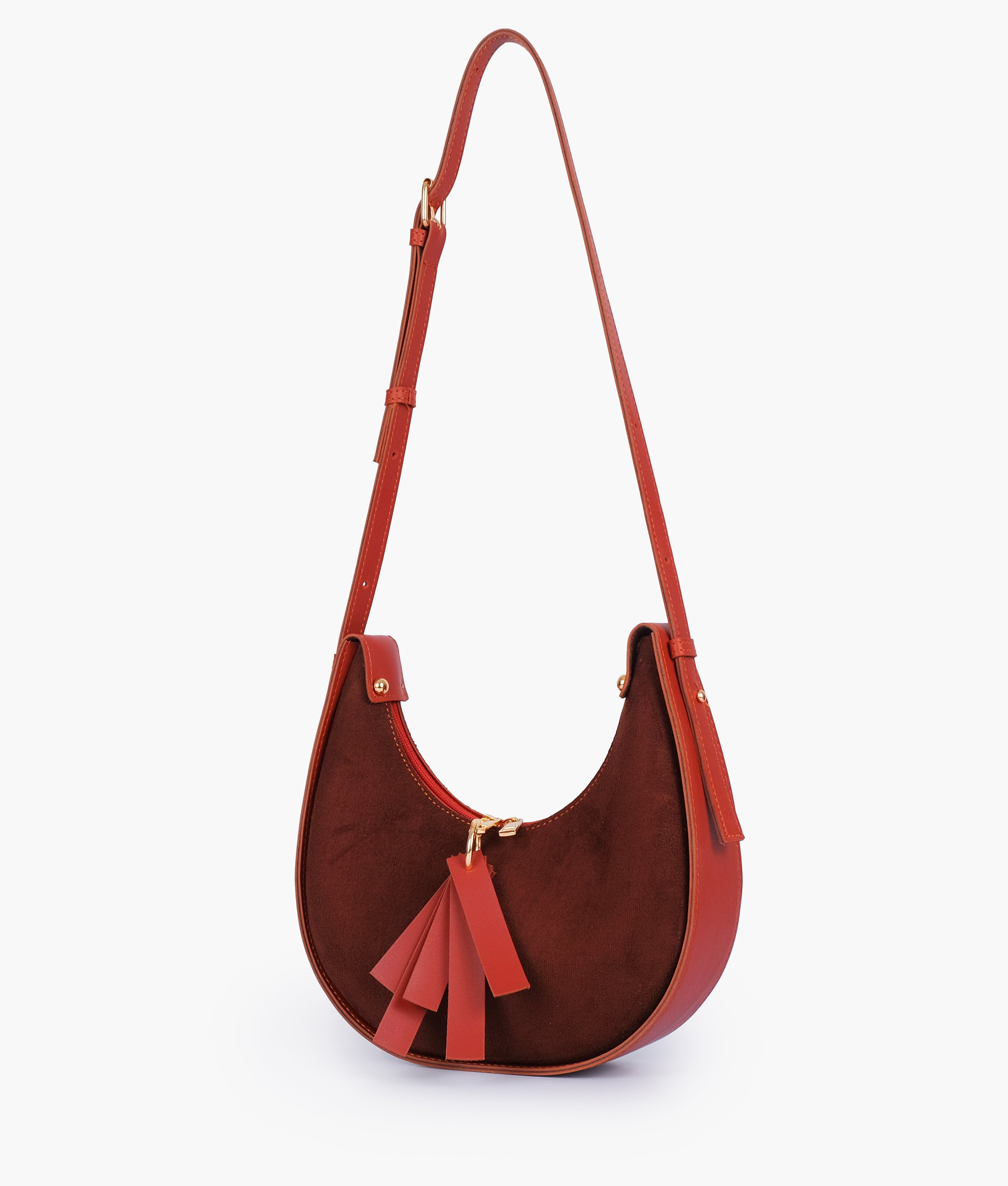 Rust suede crescent hobo bag