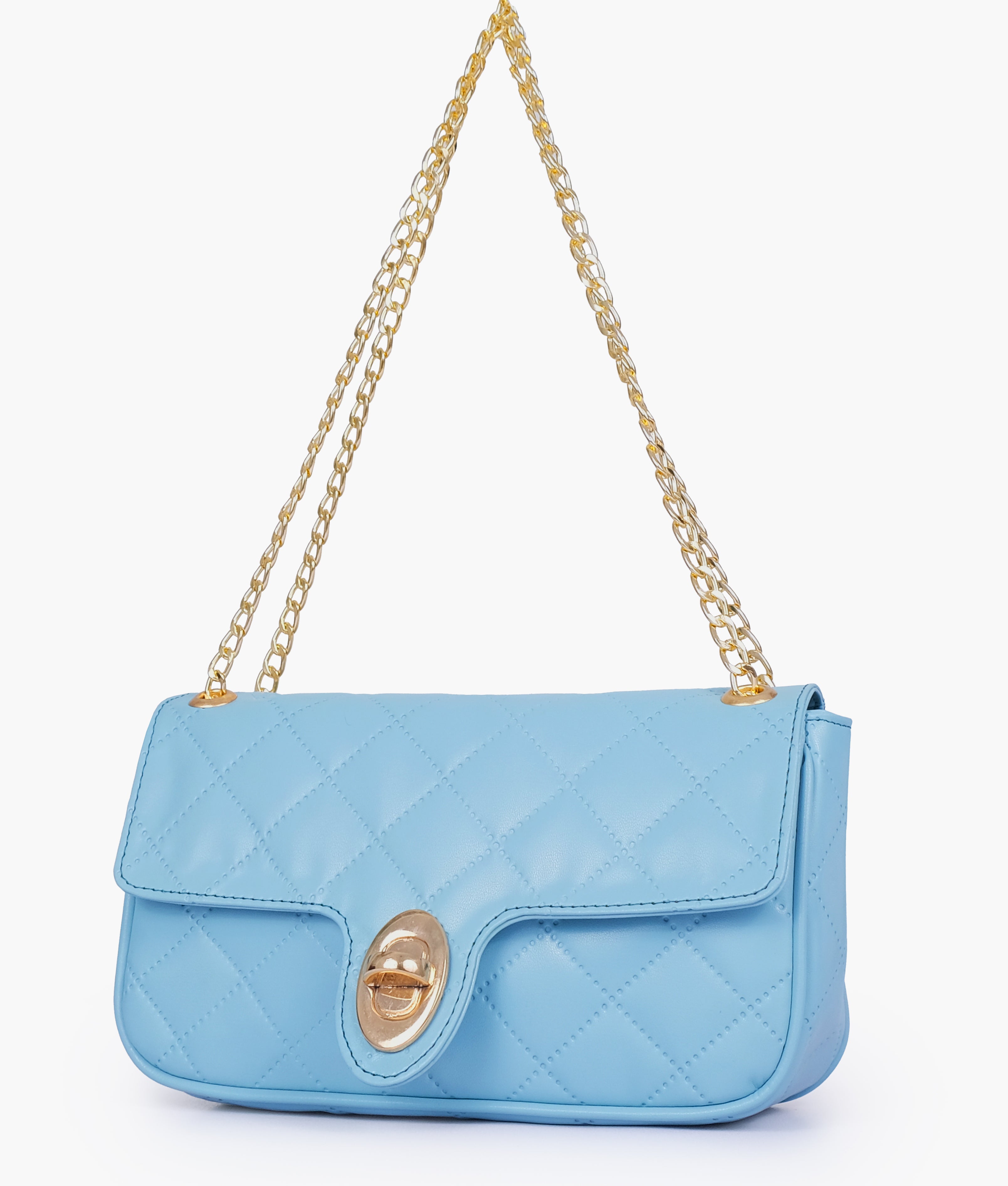 Sky blue quilted small shoulder bag with chain