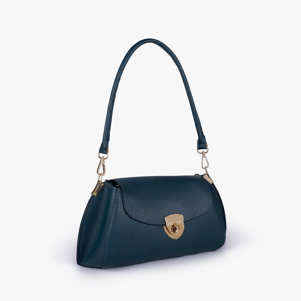 Teal pebble baguette bag in three-quarter view
