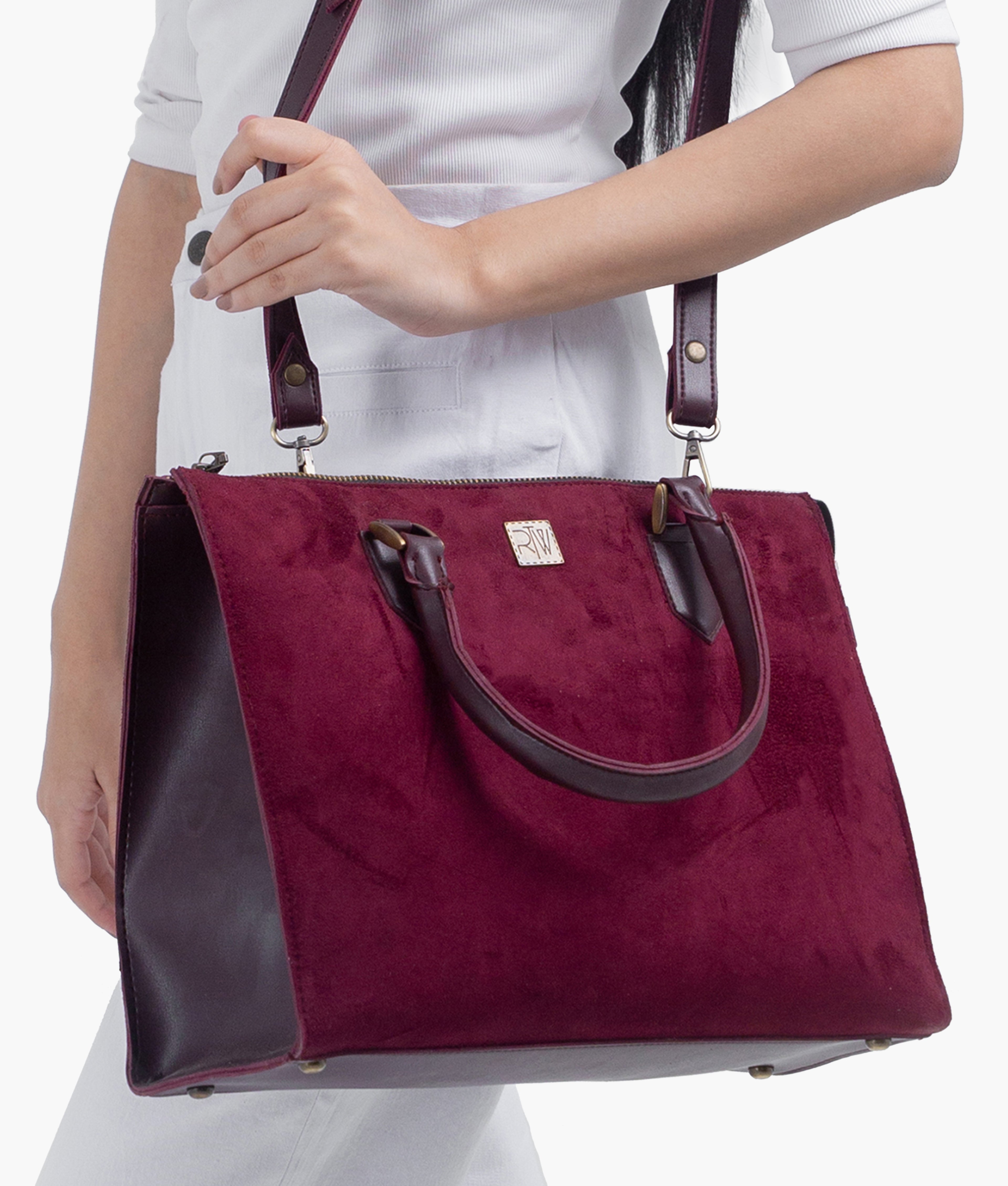 Burgundy suede workplace handbag