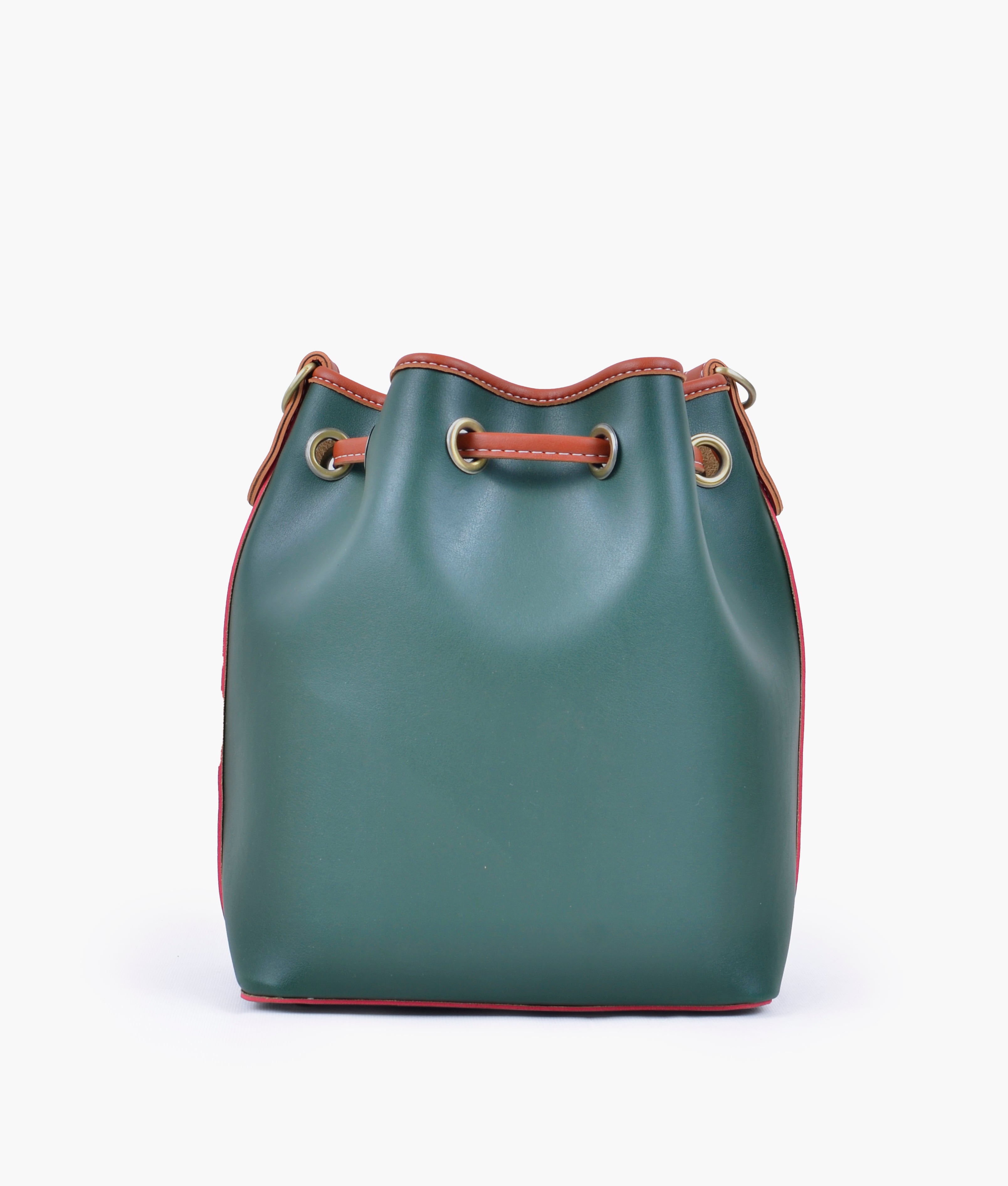 Army green and rust bucket bag with zipper pocket