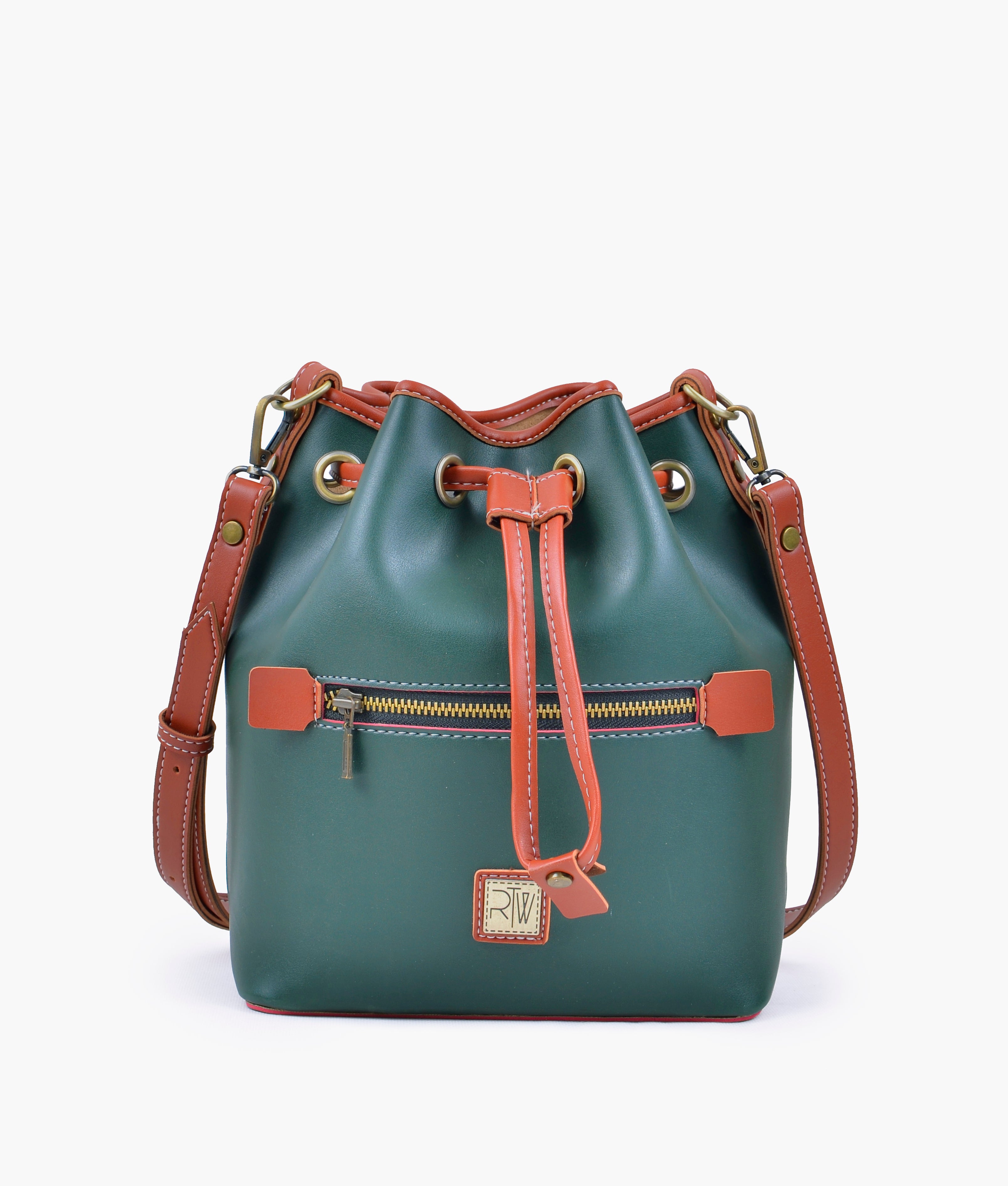 Army green and rust bucket bag with zipper pocket