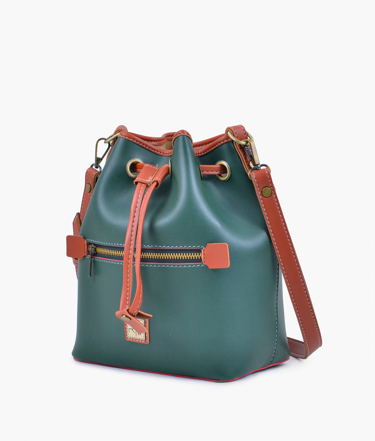 Army green and rust bucket bag with zipper pocket