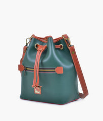 Army green and rust bucket bag with zipper pocket