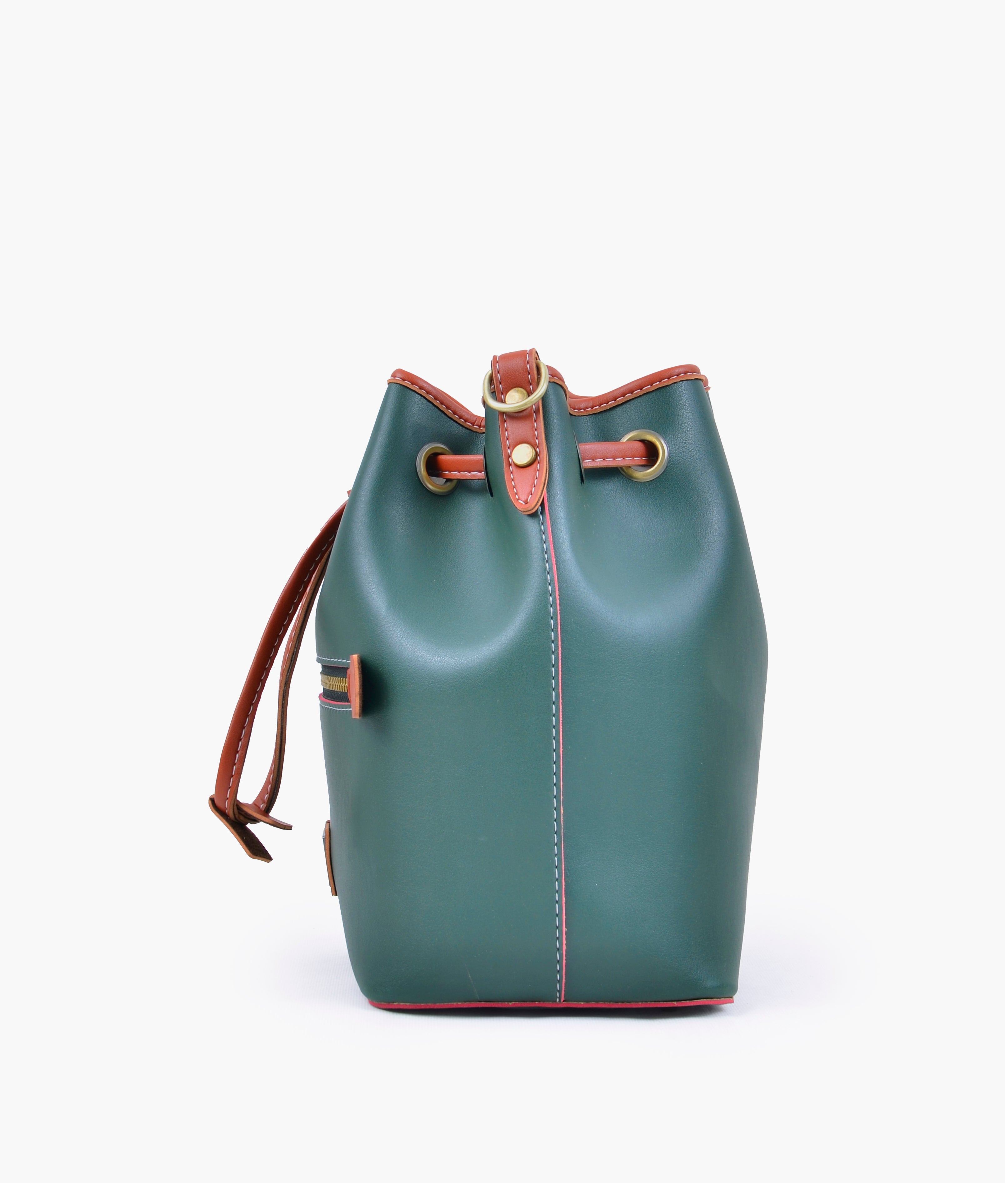 Army green and rust bucket bag with zipper pocket