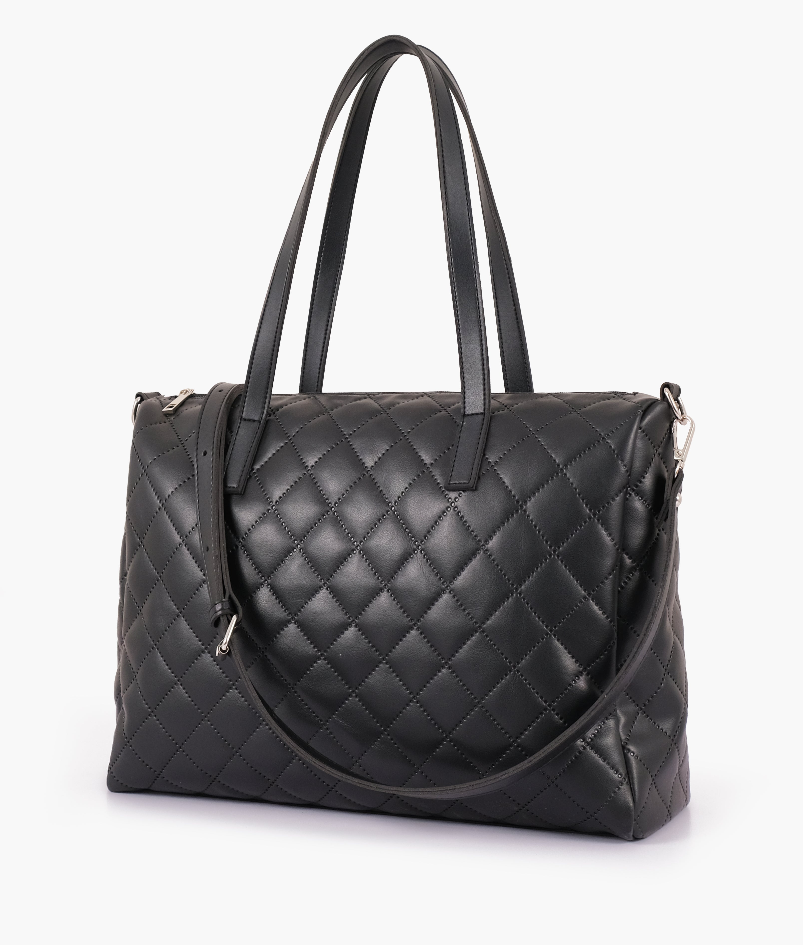 Black quilted carryall tote bag