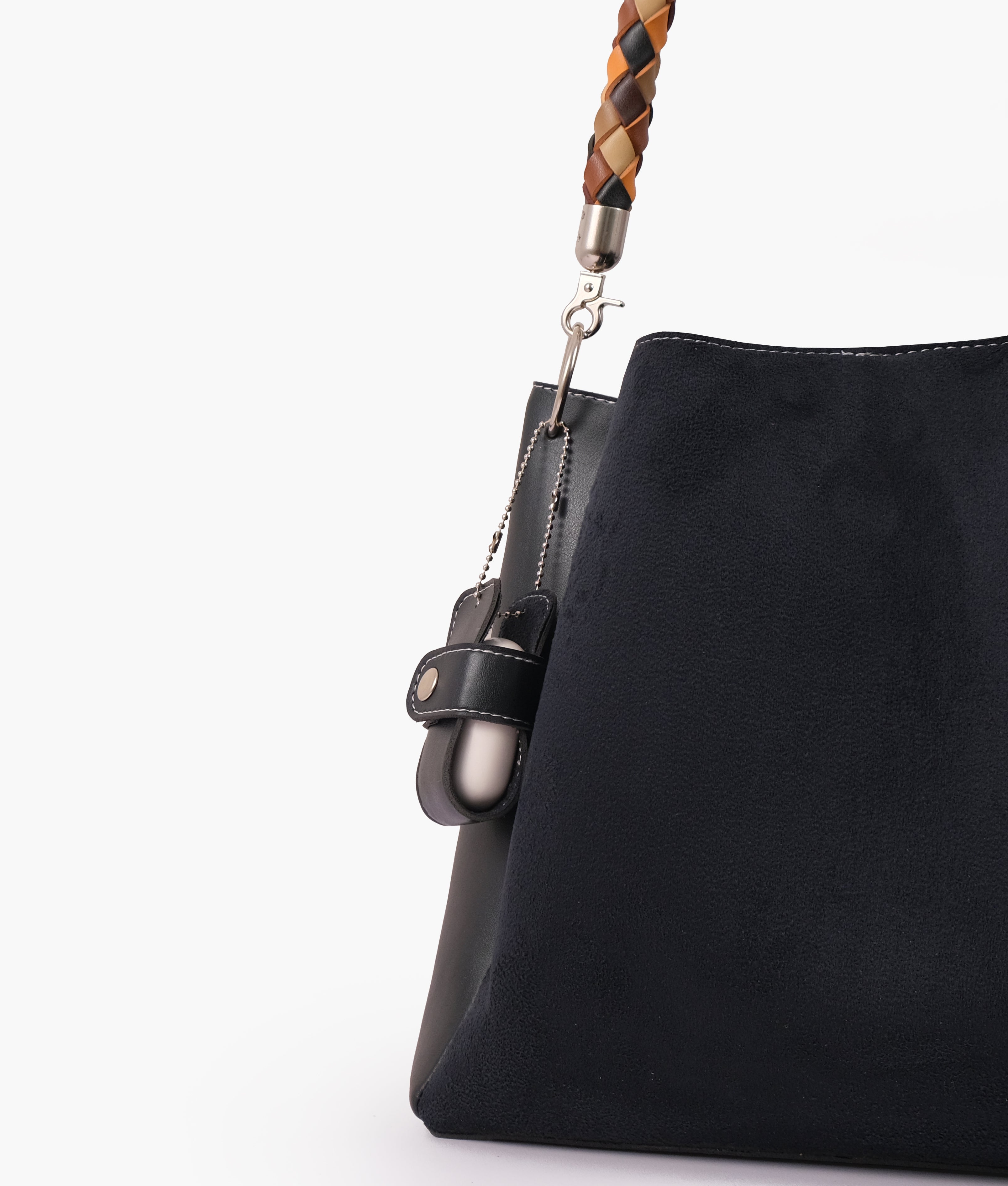 Black suede handbag with braided handle