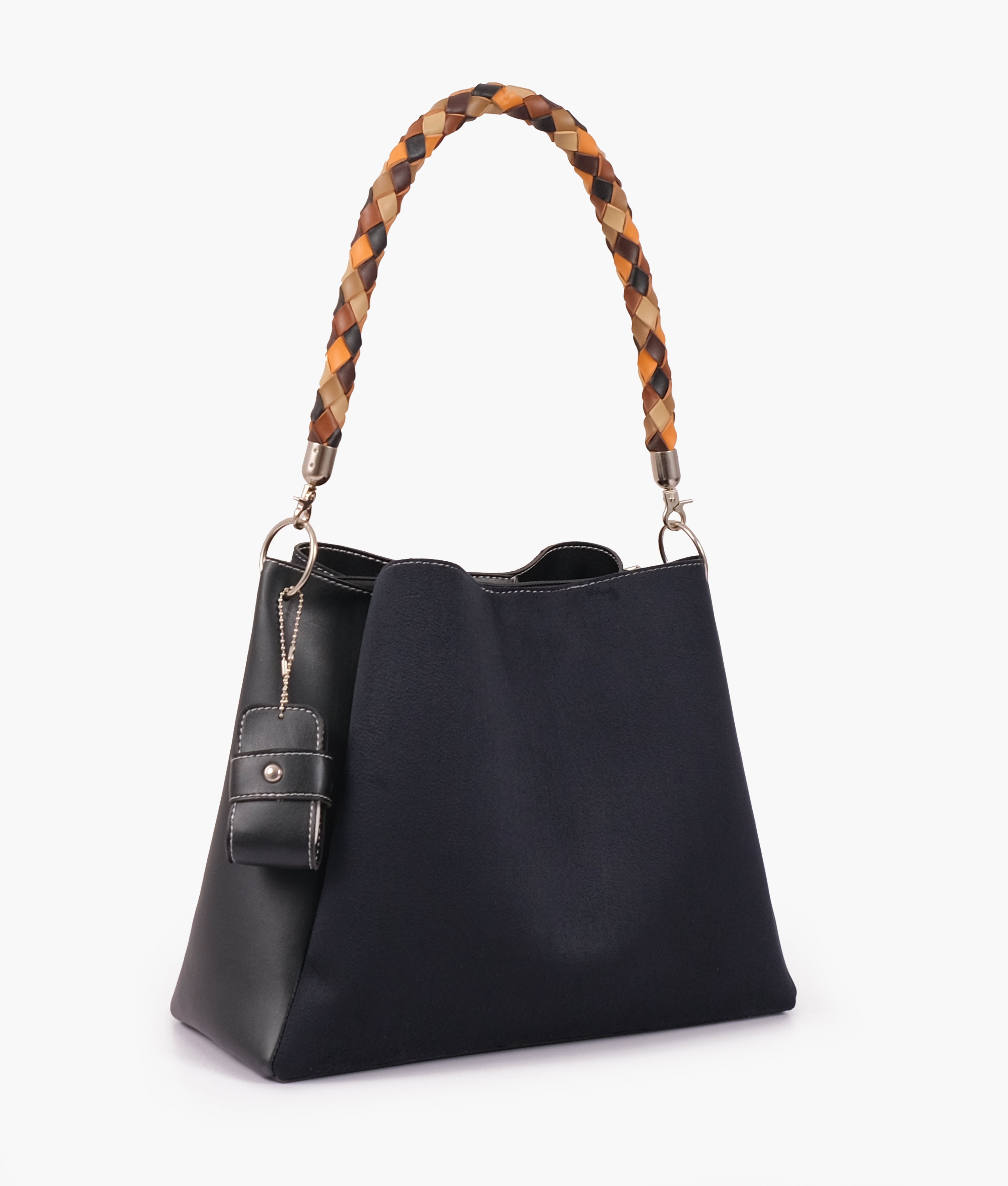 Black suede handbag with braided handle
