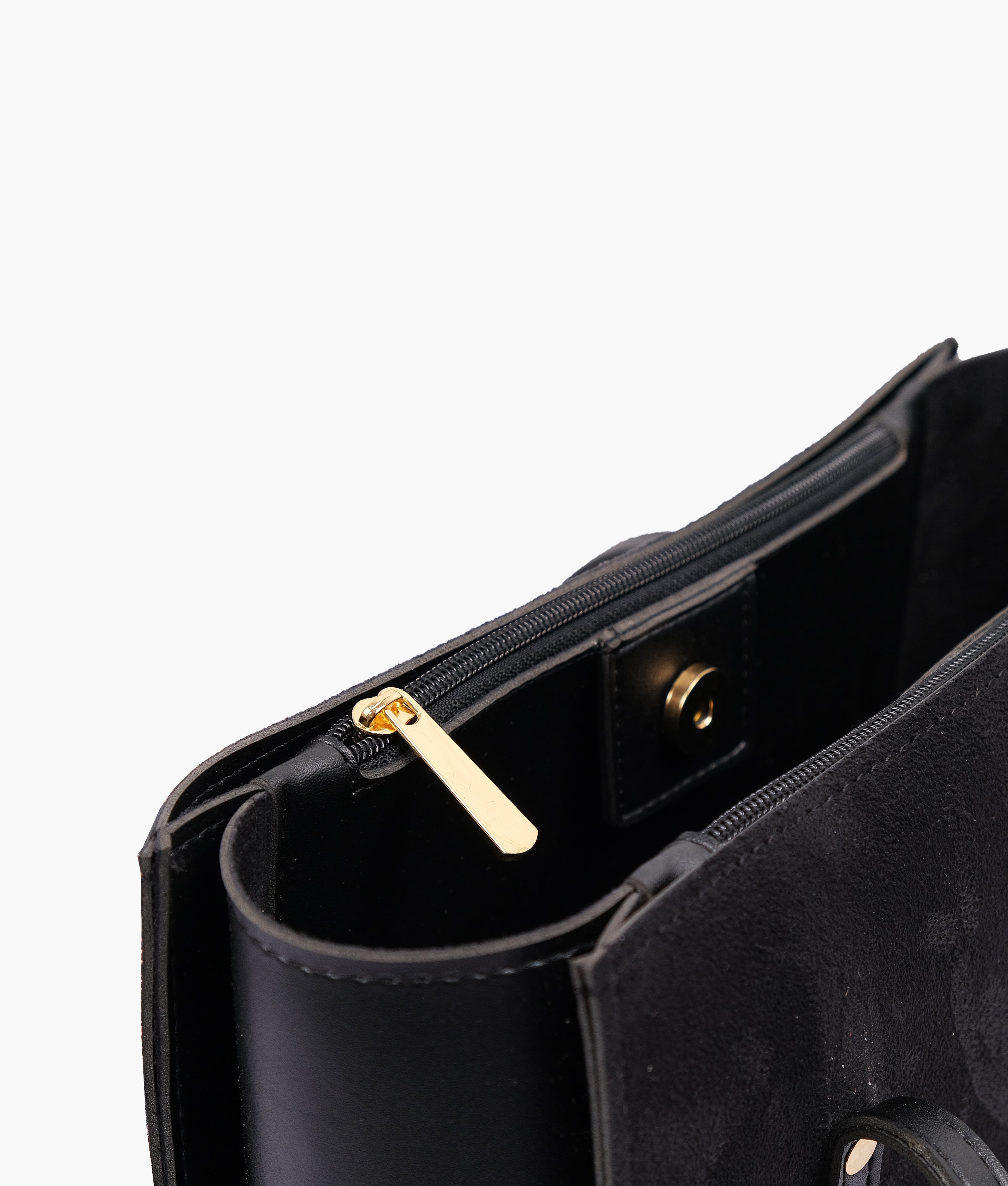 Black suede zipper shoulder bag with long handle